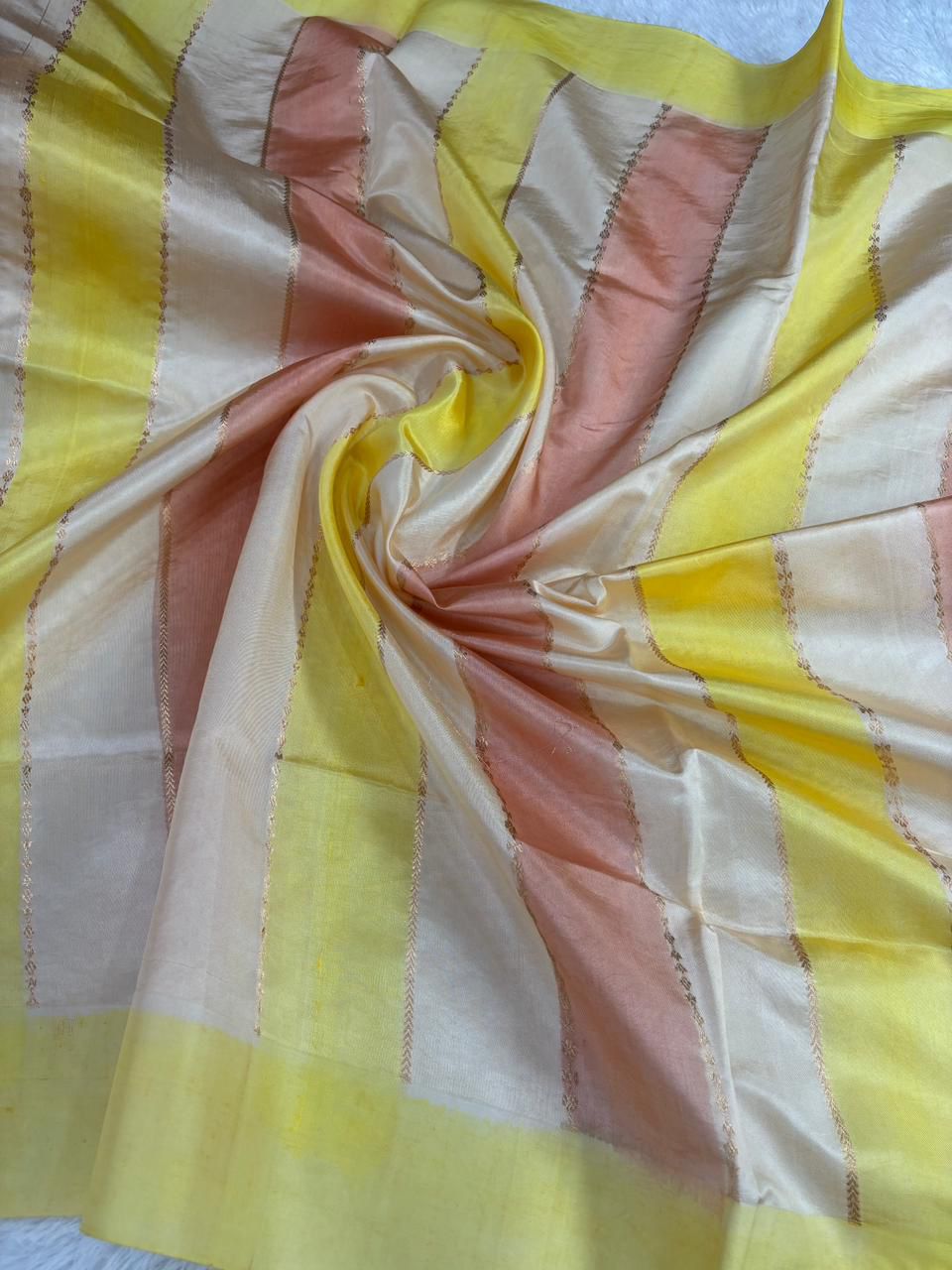 The Pastel Dawn: Yellow & Peach Rungkaat Katan Silk Saree
