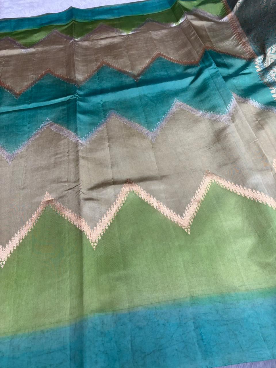 The Geometric Harmony: Olive & Teal Rungkaat Half-n-Half Saree