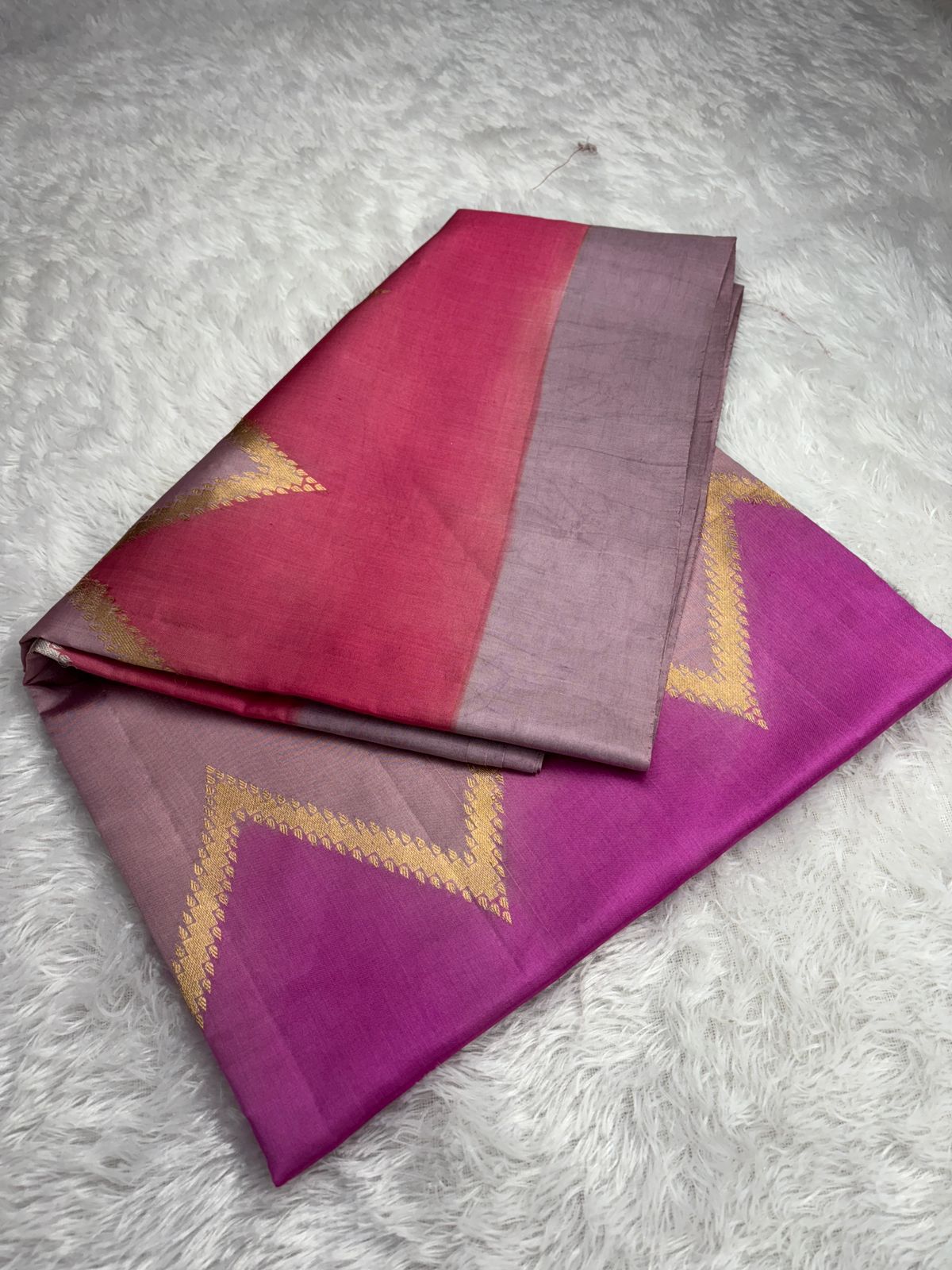 The Geometric Rose: Pink & Magenta Rungkaat Katan Silk Light Weight Saree