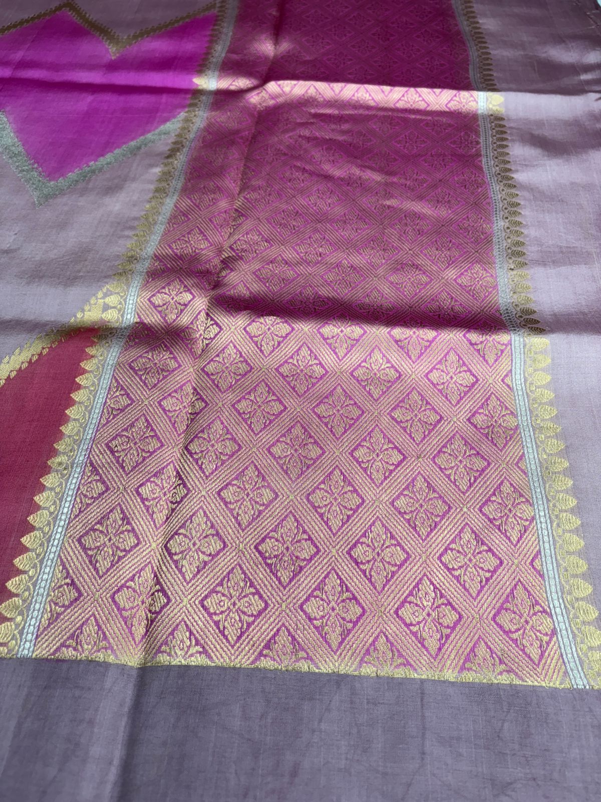The Geometric Rose: Pink & Magenta Rungkaat Katan Silk Light Weight Saree