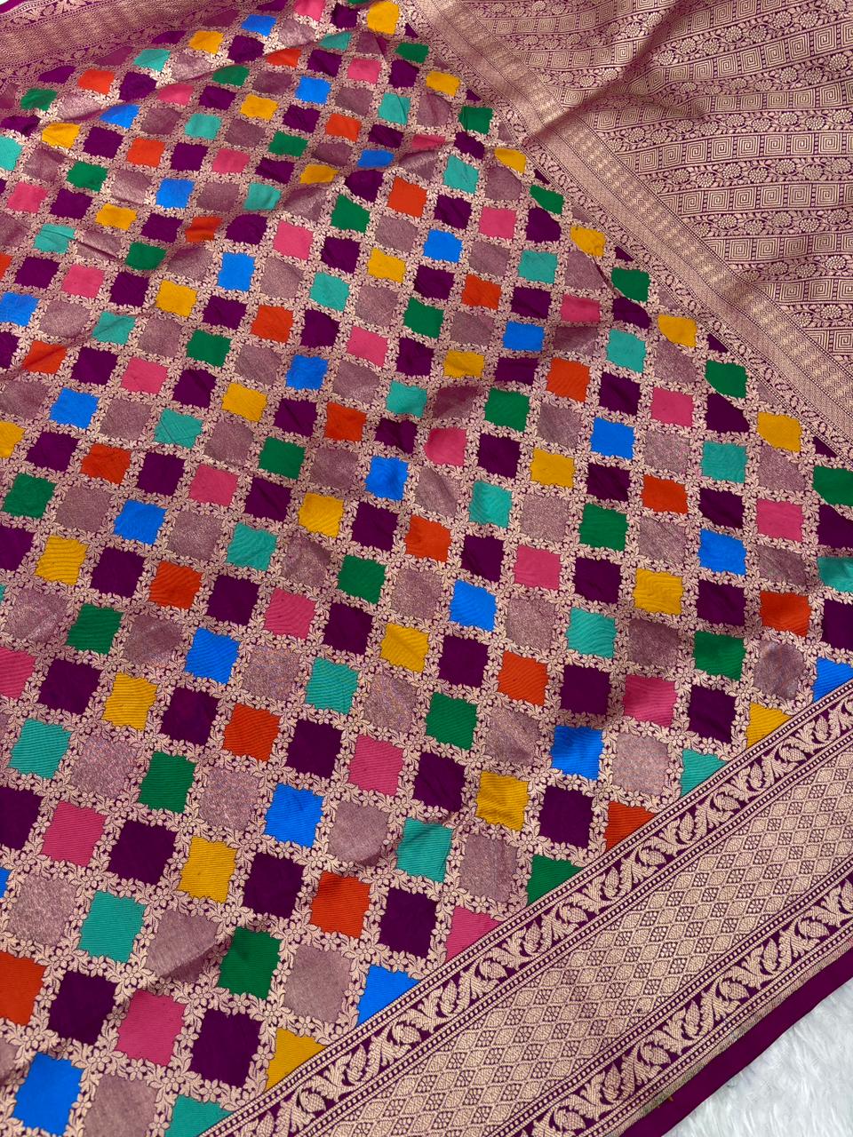 Vibrant Geometric Rangkaat Pure Katan  Rangkaat Cutwork Handloom Saree with Multi-Color Diamonds