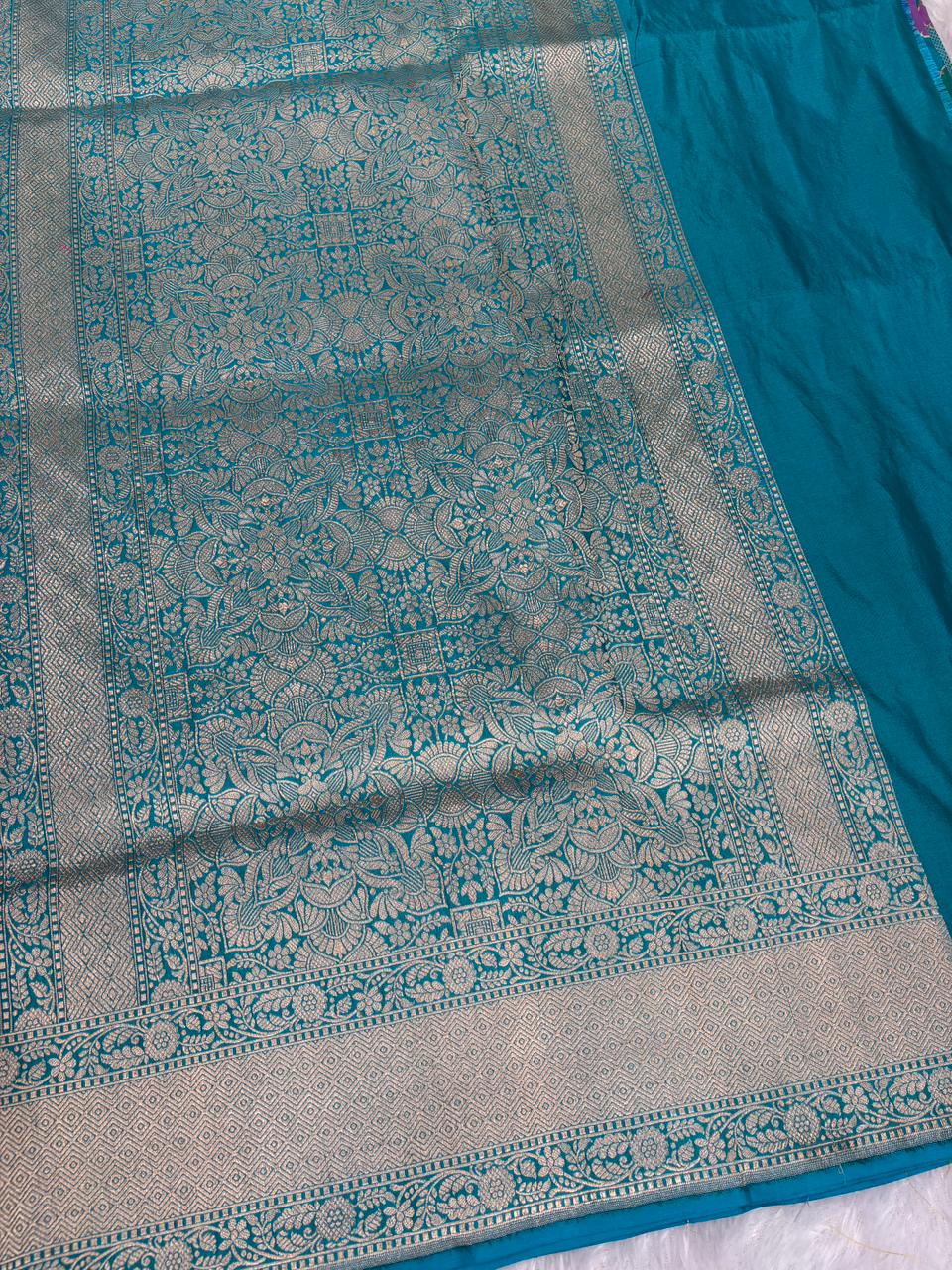 Oceanic Teal Multi-Color Rangkaat Pure Katan Rangkaat Cutwork Handloom Saree with Geometric Checks
