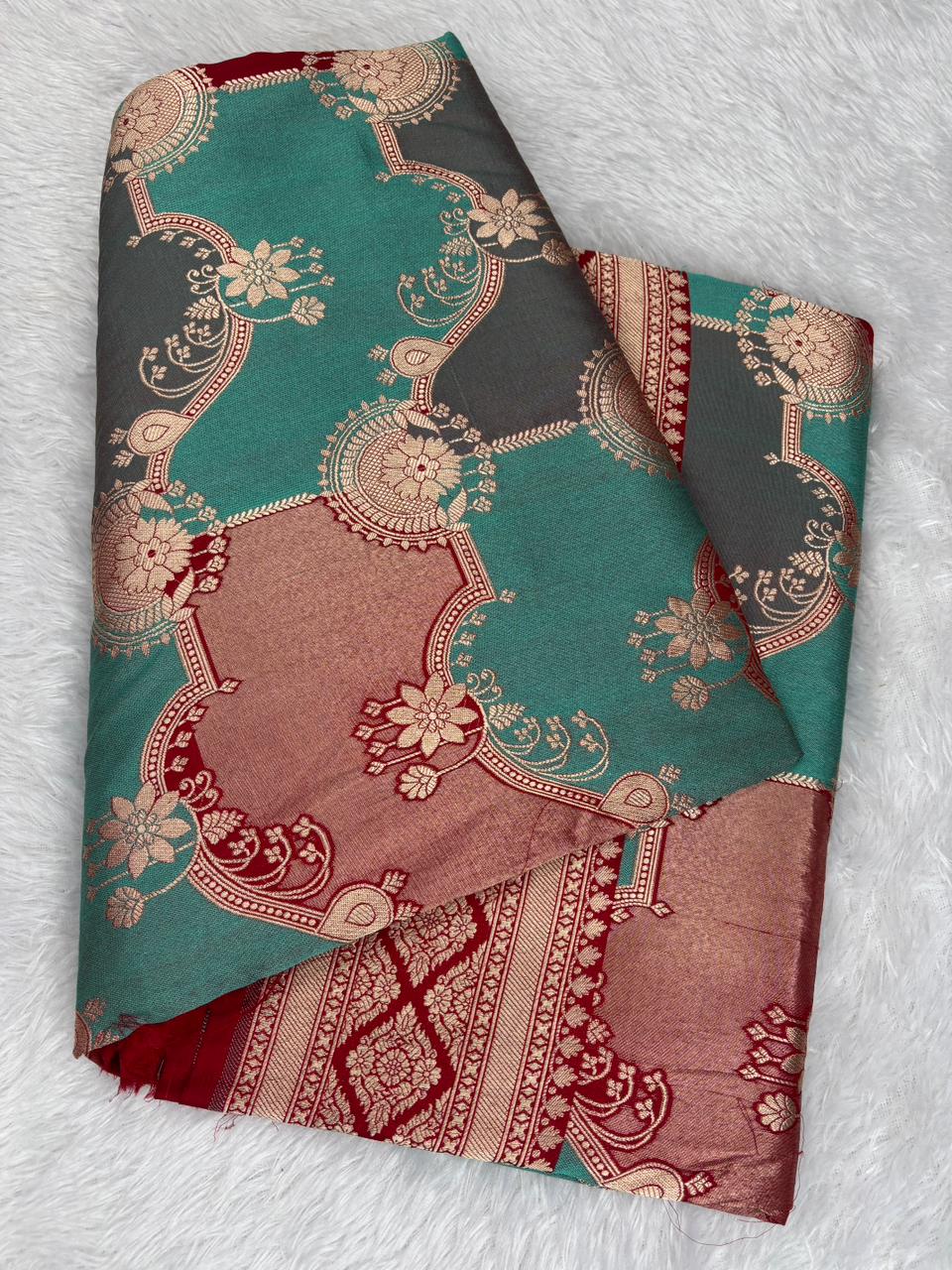 Artistic Scalloped Rangkaat Pure Katan Silk Handloom Saree in Teal, Maroon & Taupe