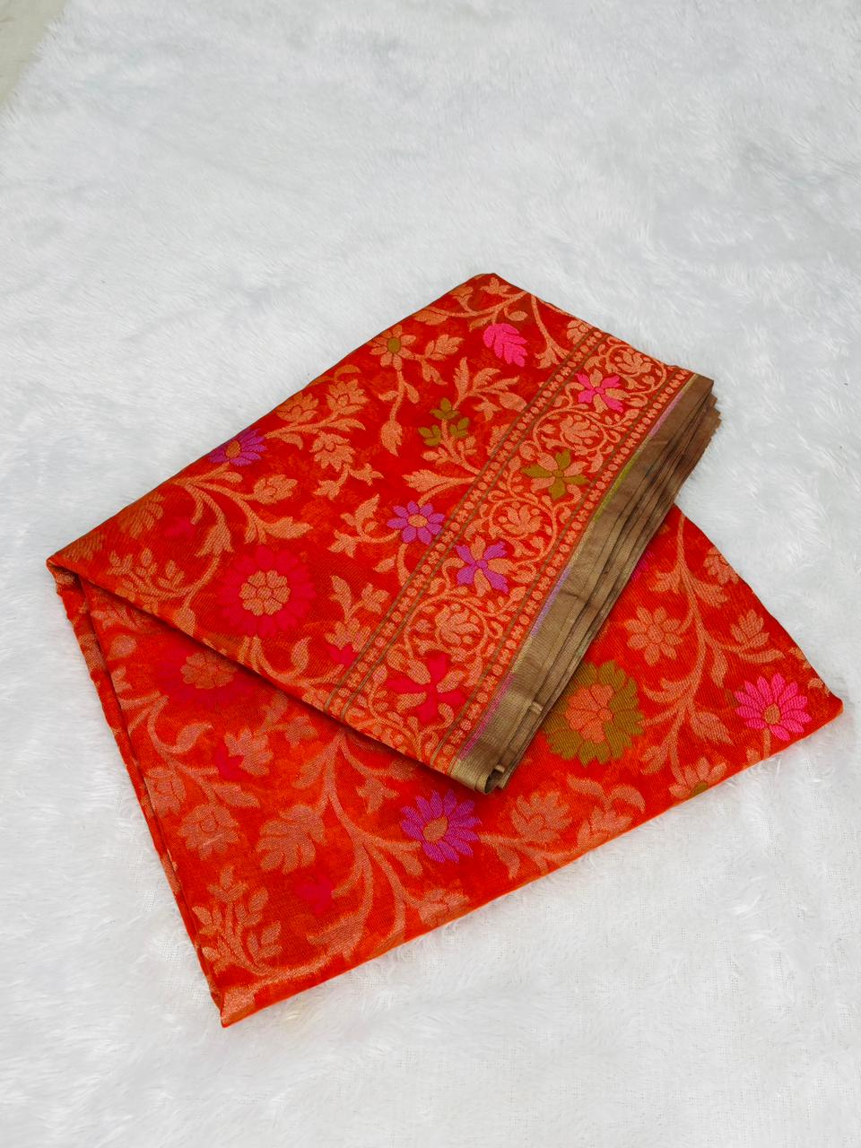 The Sunset Serenade – Premium Orange Banarasi Jamdani with Meenakari Work