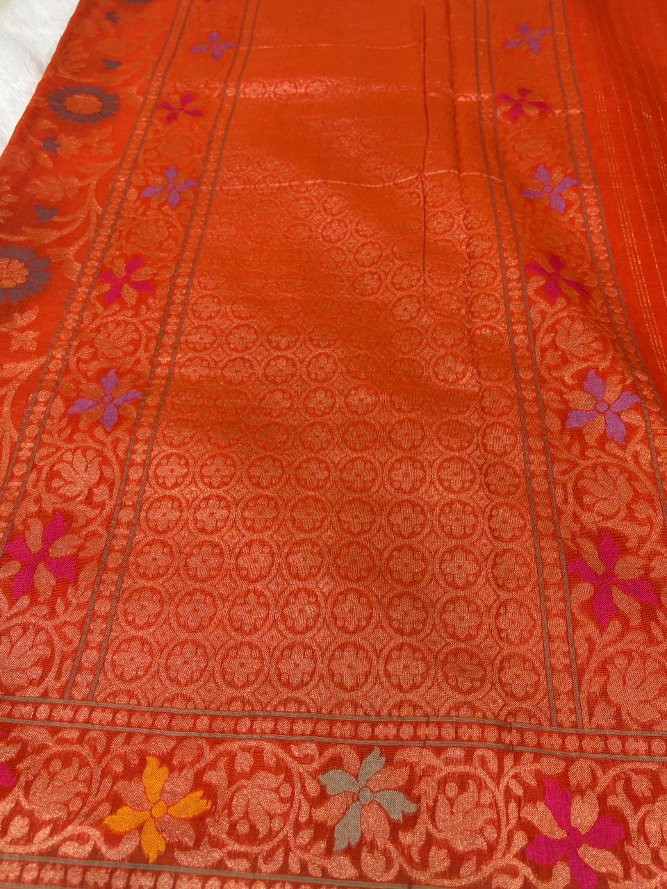 The Sunset Serenade – Premium Orange Banarasi Jamdani with Meenakari Work