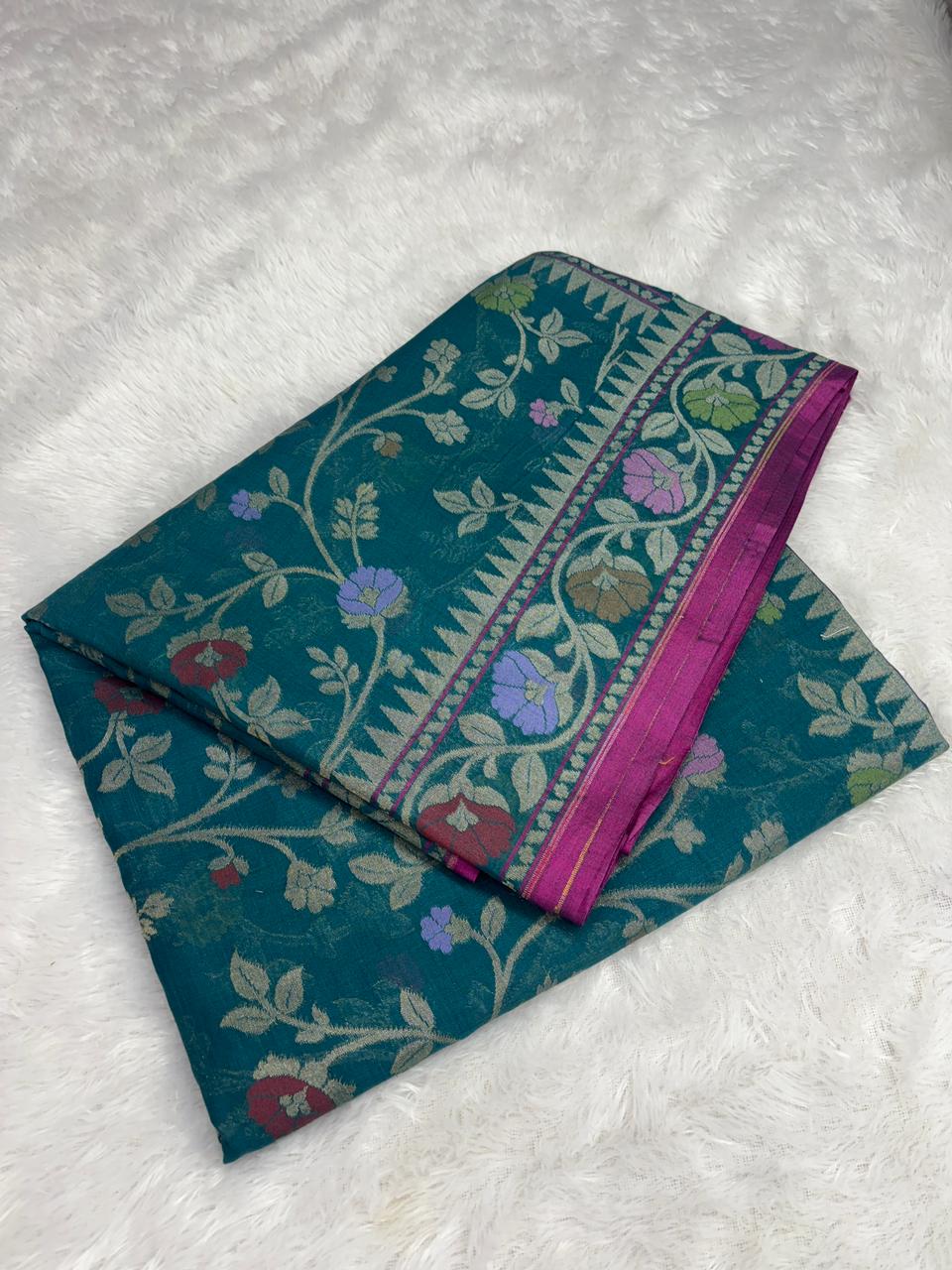 The Teal Enchantment – Premium Banarasi Jamdani with Tilfi Meenakari