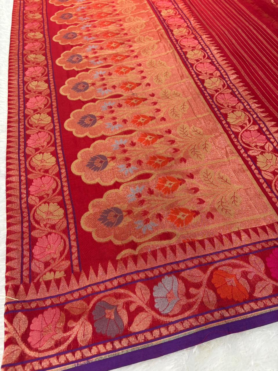 The Vermilion Bloom – Premium Red Banarasi Jamdani with Floral Jangla