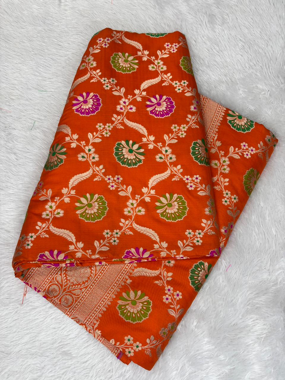 Radiant Orange Pure Katan Jungla Meenakari Cutwork Banarasi Handloom Saree with Silver Zari Jungla & Meenakari