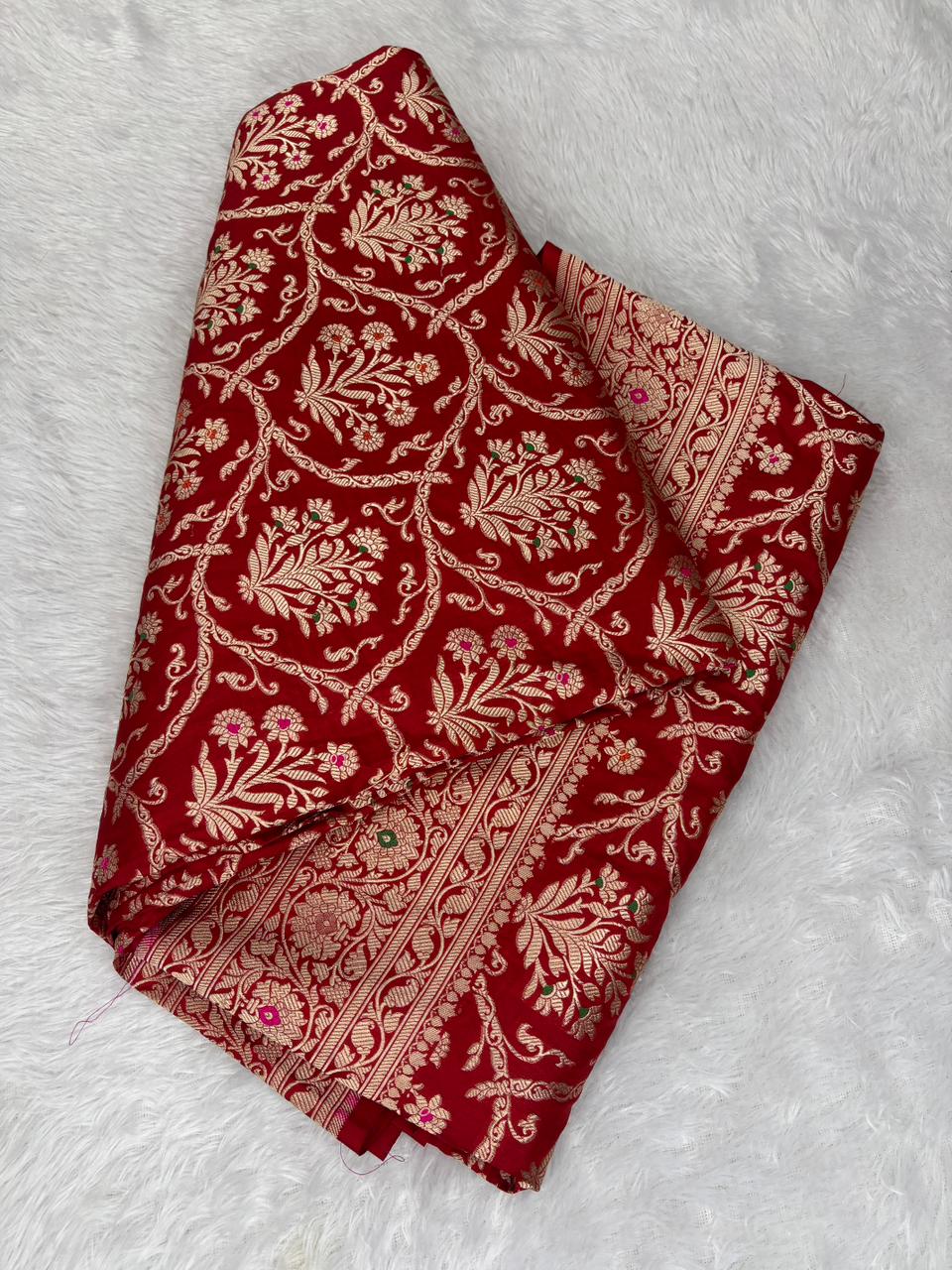 Crimson Red Pure Katan  Katan Jungla Meenakari Cutwork Banarasi Handloom Saree with Silver Zari Jungla & Meenakari