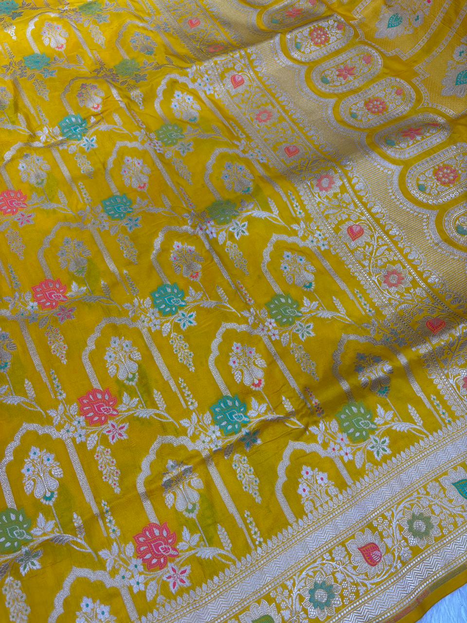 Sunshine Yellow Pure Katan Silk Banarasi Handloom Saree with Silver Zari Arch-Jungla & Meenakari