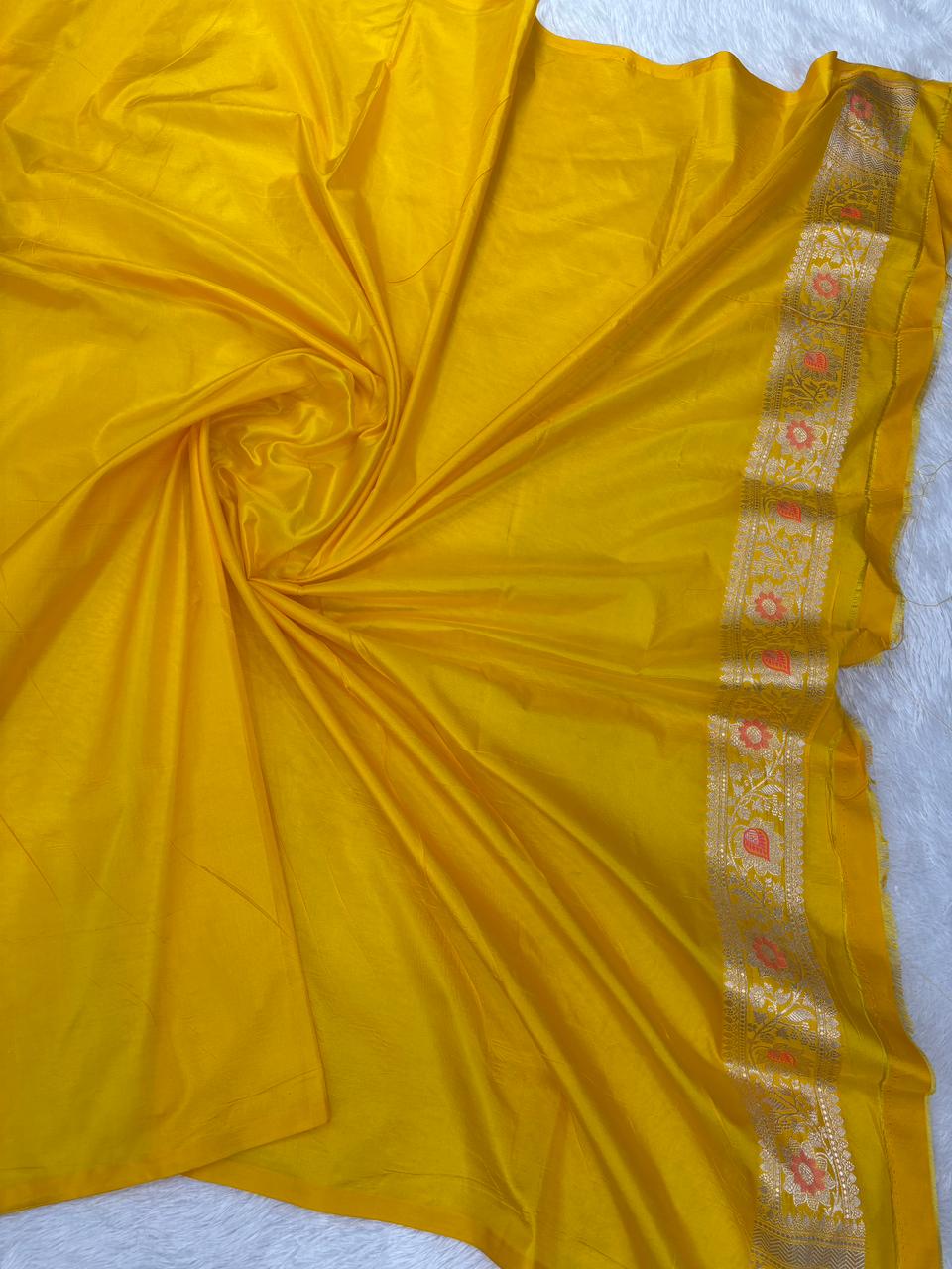 Sunshine Yellow Pure Katan Silk Banarasi Handloom Saree with Silver Zari Arch-Jungla & Meenakari