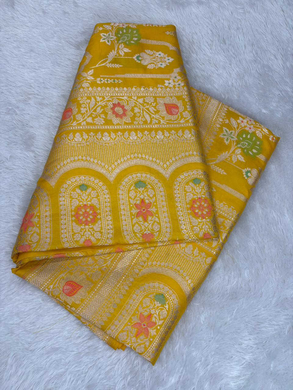 Sunshine Yellow Pure Katan Silk Banarasi Handloom Saree with Silver Zari Arch-Jungla & Meenakari