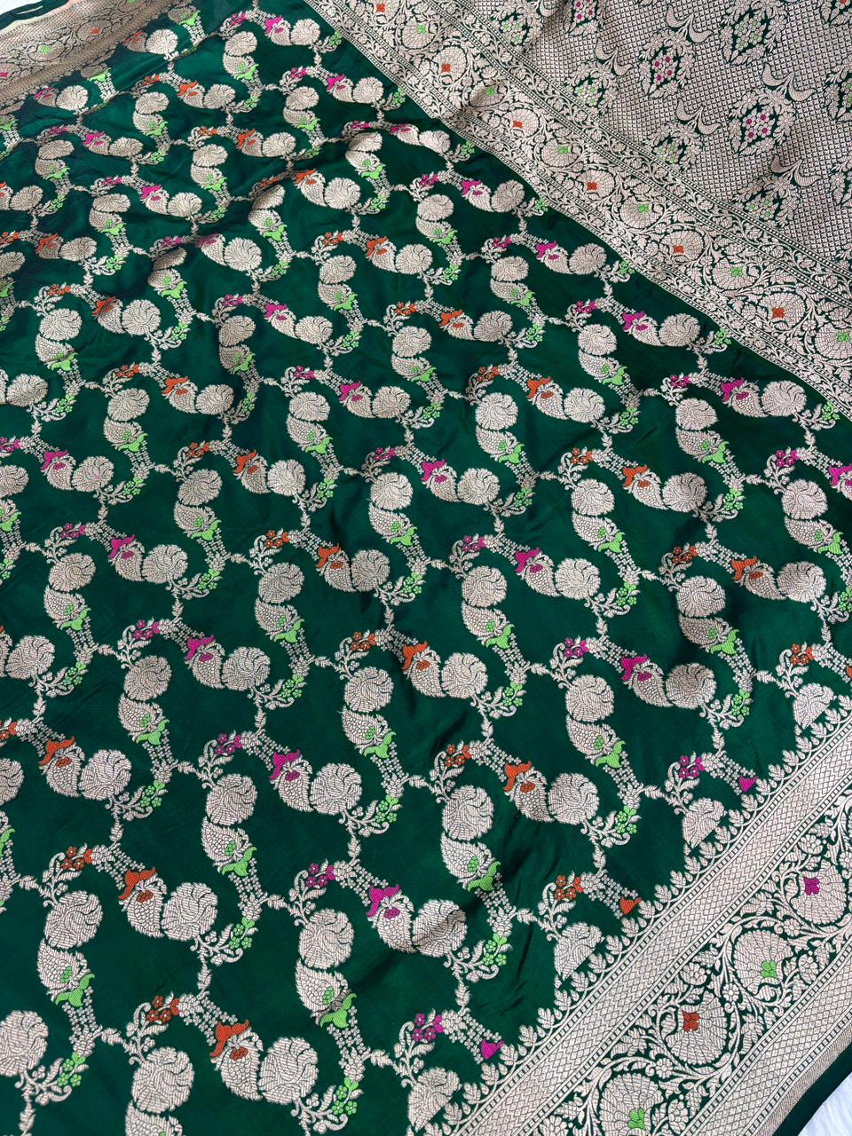 Regal Emerald Green Pure Katan Jungla Meenakari Cutwork Banarasi Handloom Saree with Silver Zari Paisley Jungla & Meenakari