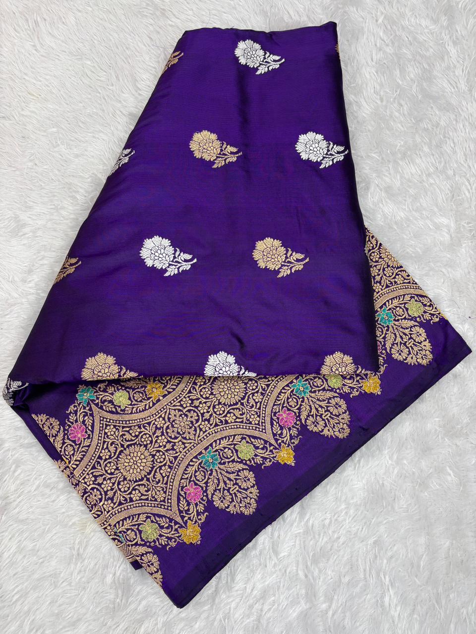 The Royal Mystique: Deep Violet Katan Silk Bel Booti with Meenakari Scallop Saree