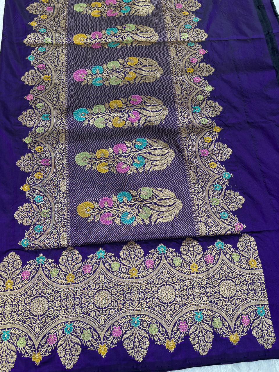 The Royal Mystique: Deep Violet Katan Silk Bel Booti with Meenakari Scallop Saree