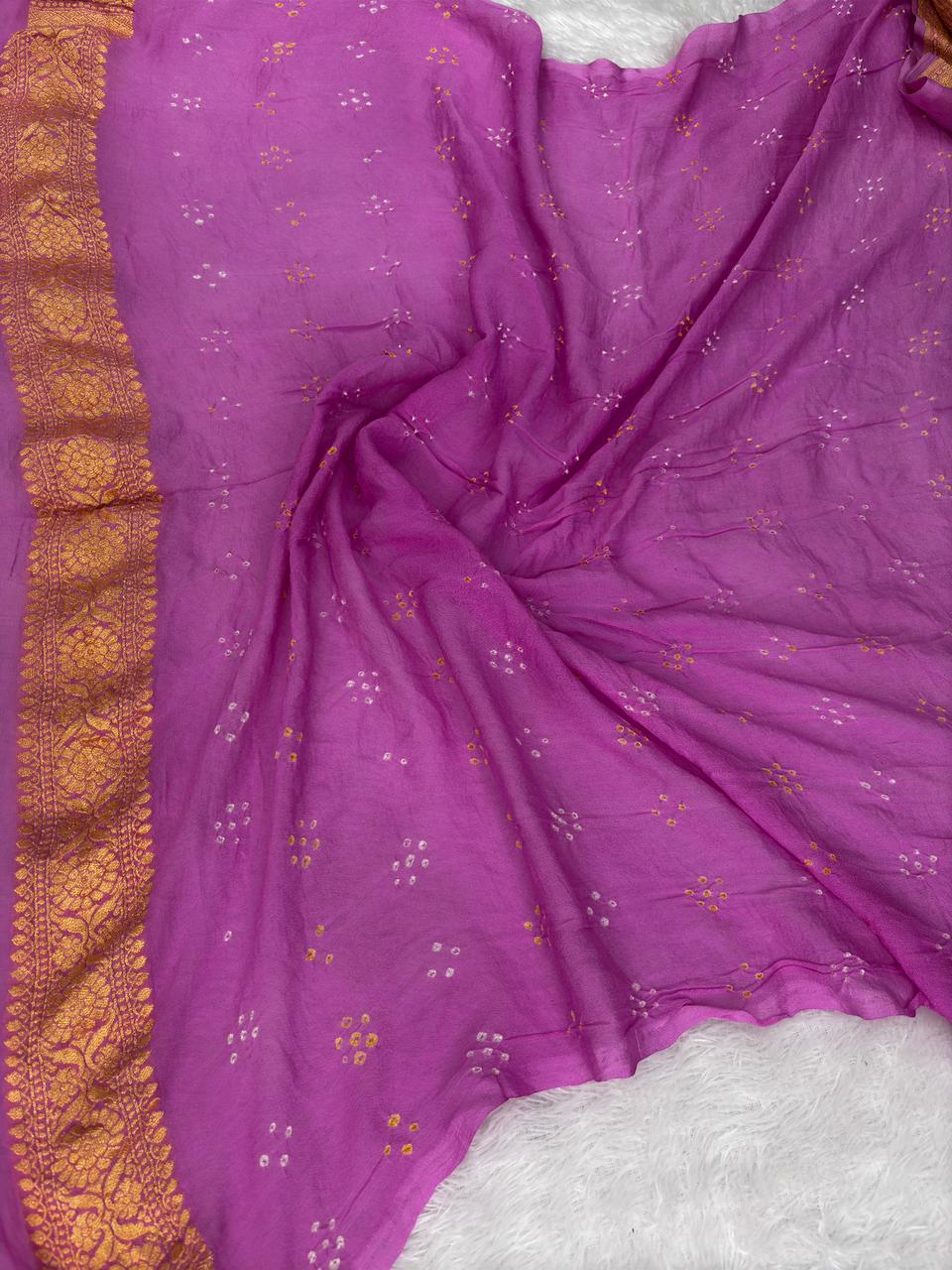 Regal Lavender Premium  Banarasi Bandhej Saree with Gold Zari Work