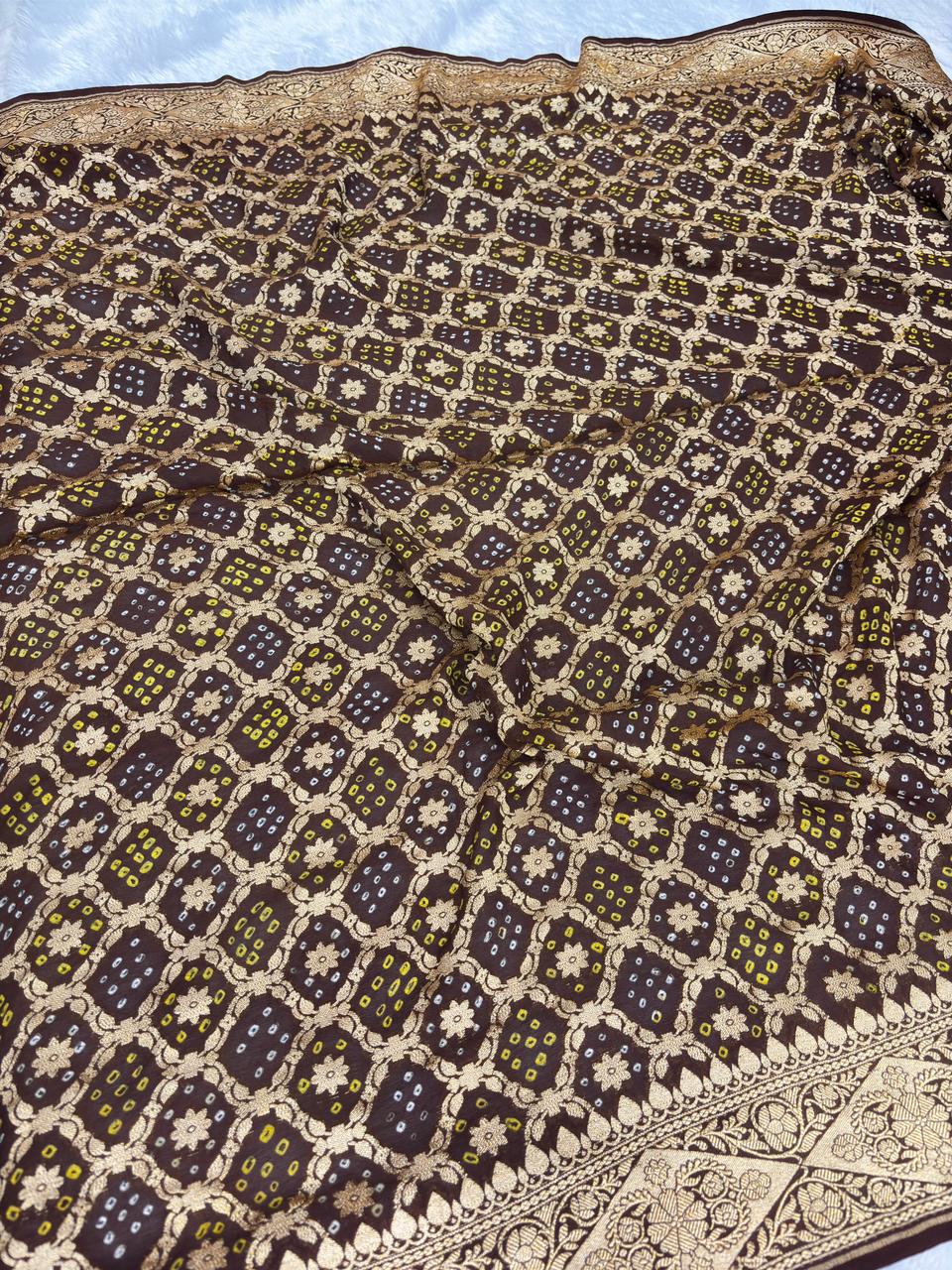 Luxurious Coffee Brown Premium Banarasi Bandhej Saree with Gold Zari Motifs
