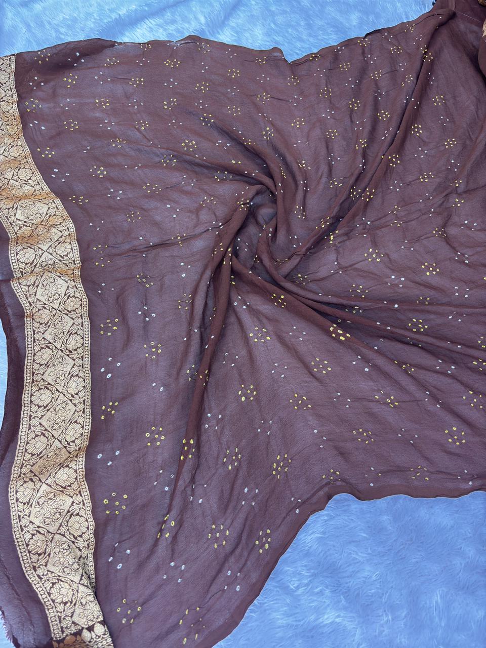 Luxurious Coffee Brown Premium Banarasi Bandhej Saree with Gold Zari Motifs