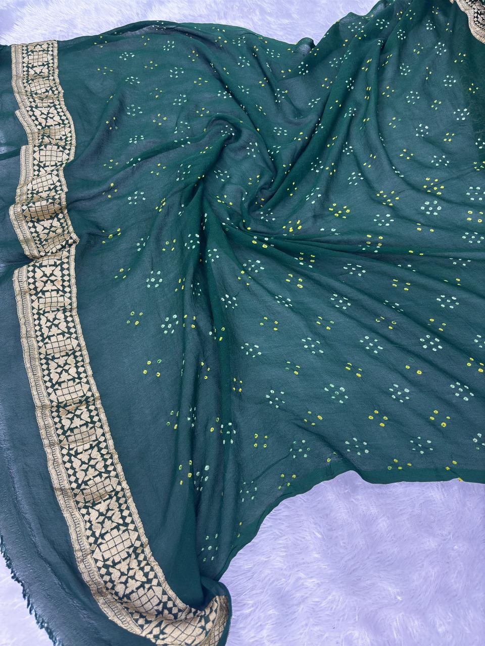 Emerald Green Premium Banarasi Bandhej Saree with Geometric Zari Jaal