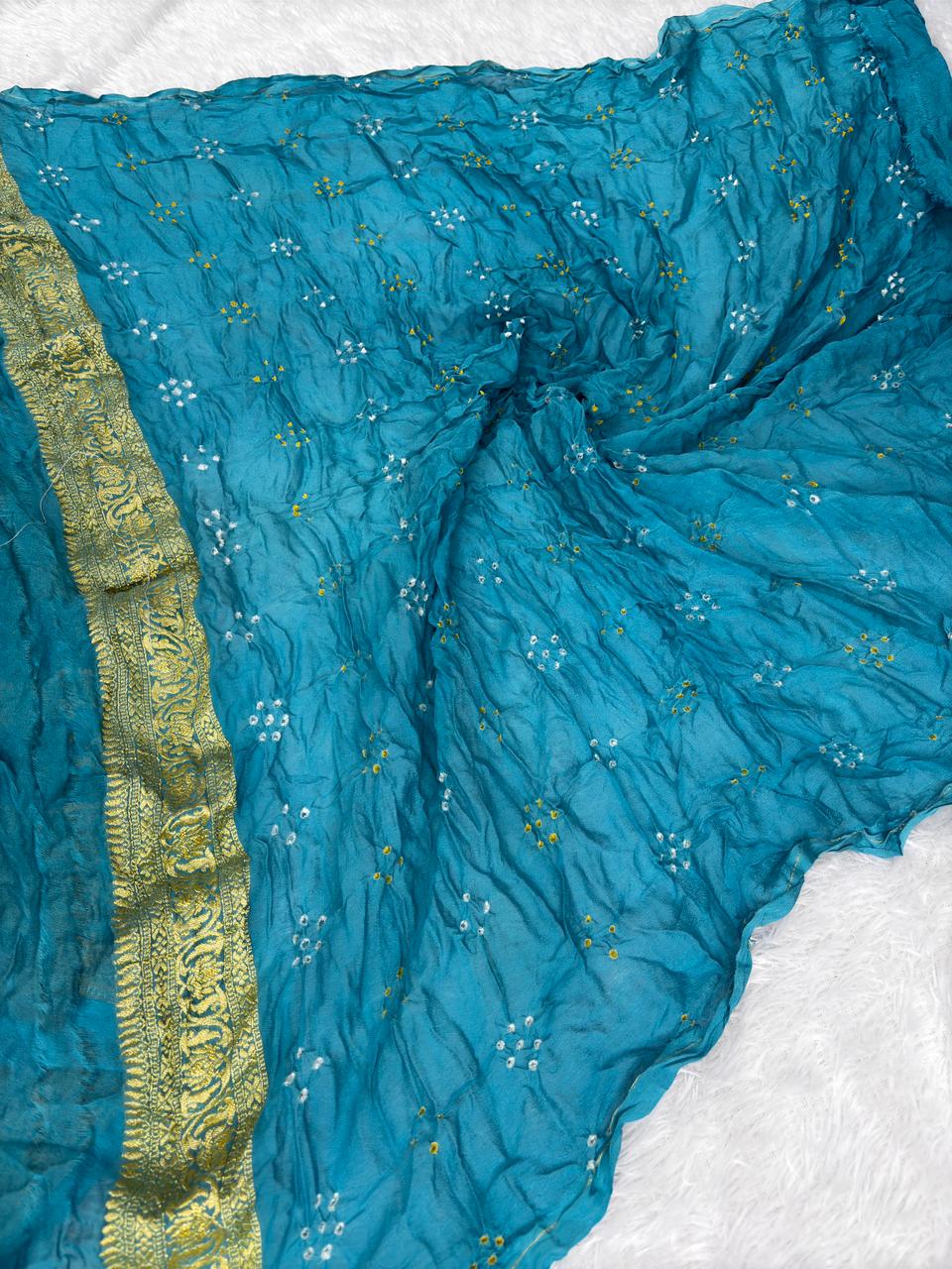 Radiant Sky Blue Premium Banarasi Bandhej Saree with Gold Zari Checks
