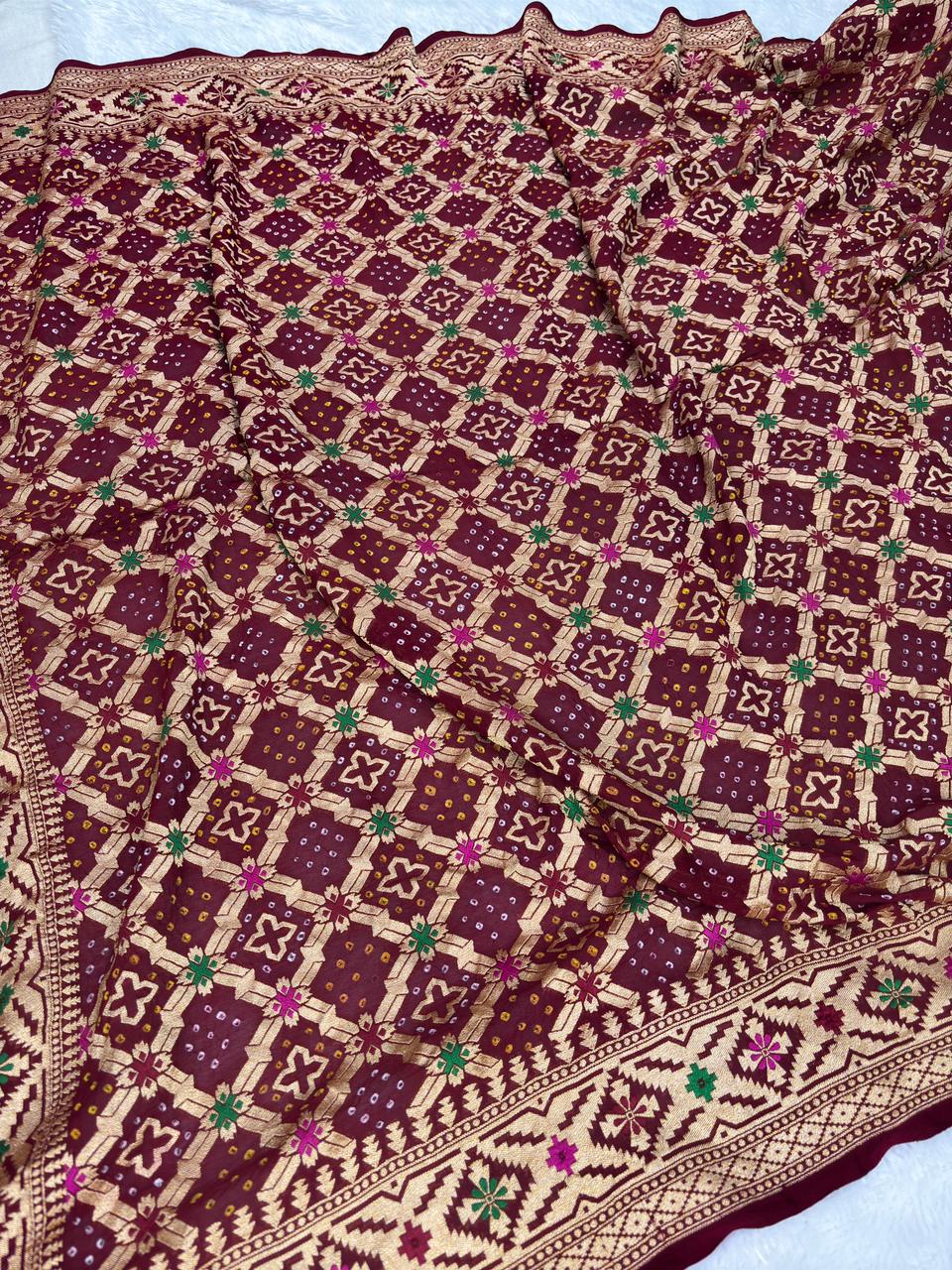 Majestic Maroon Premium Banarasi Bandhej Saree with Geometric Meenakari Work