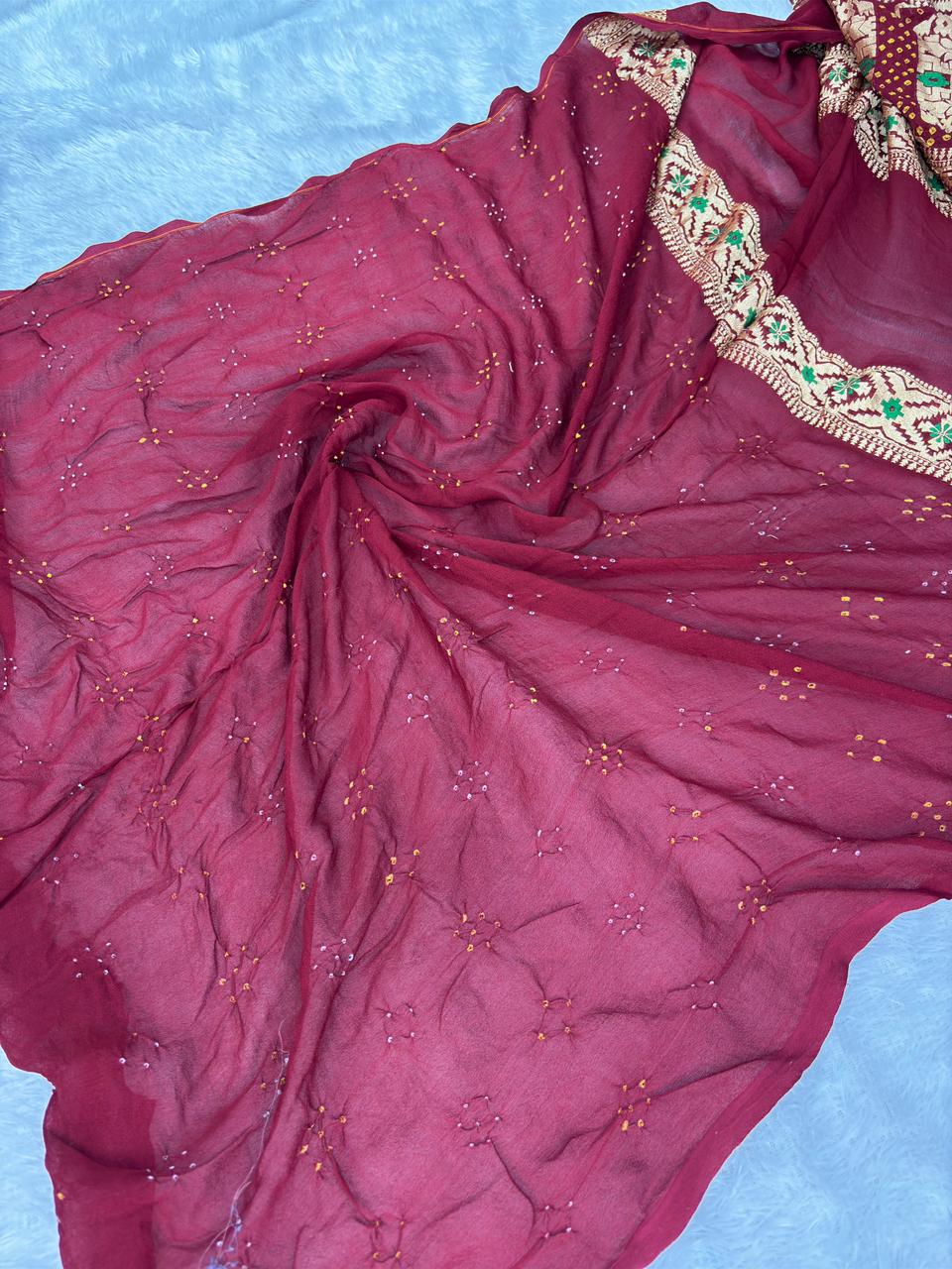 Majestic Maroon Premium Banarasi Bandhej Saree with Geometric Meenakari Work