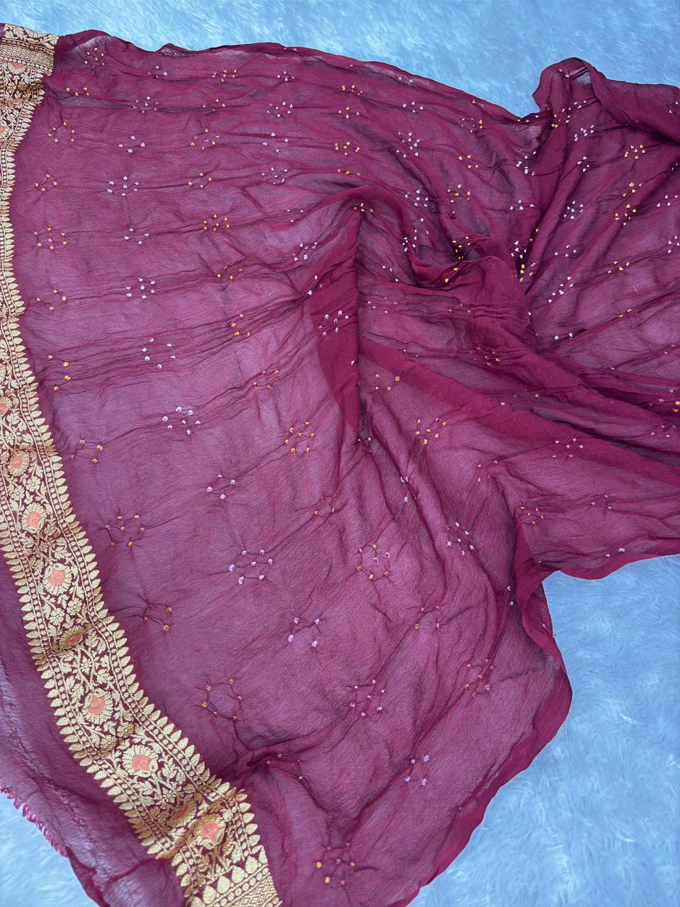Royal Maroon Premium Banarasi Bandhej Saree with Meenakari Floral Medallions