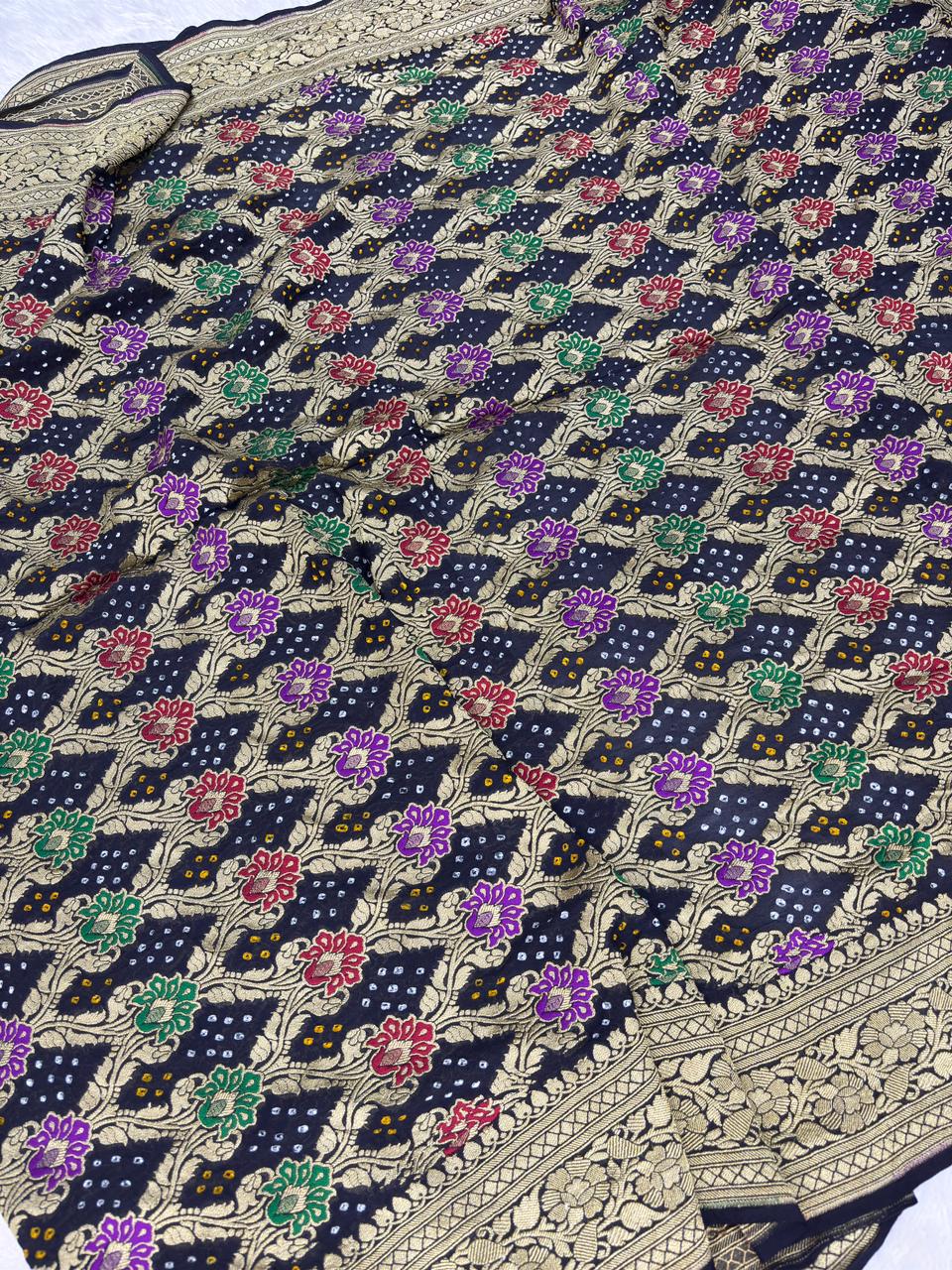 Midnight Blue Premium Banarasi Bandhej Saree with Multi-Color Meenakari Lattice