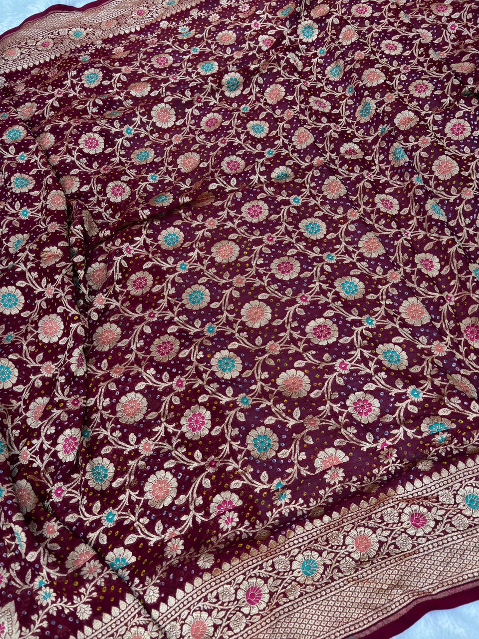 Bridal Wine Maroon Premium Banarasi Bandhej Saree with Meenakari Floral Jaal
