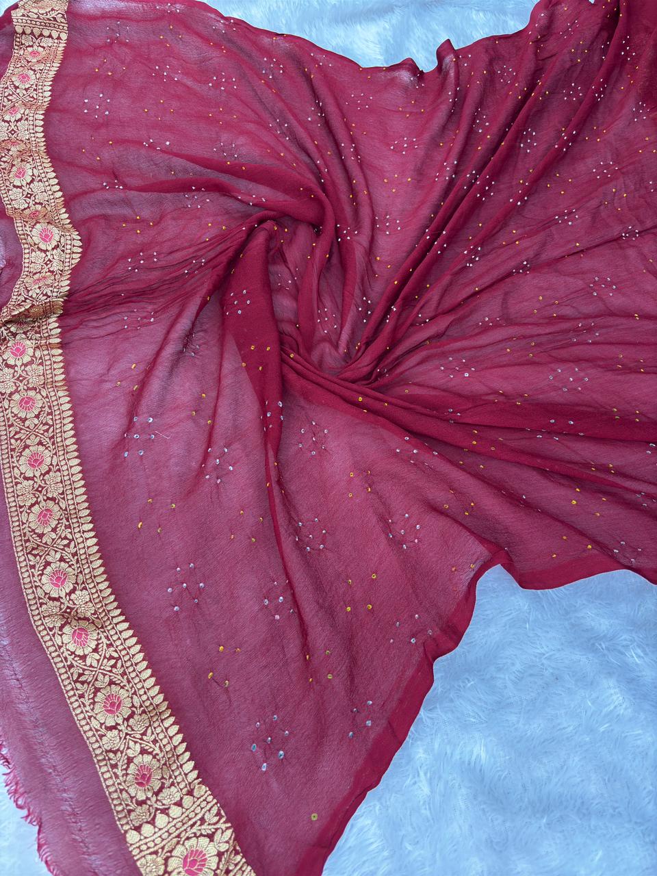 Bridal Wine Maroon Premium Banarasi Bandhej Saree with Meenakari Floral Jaal