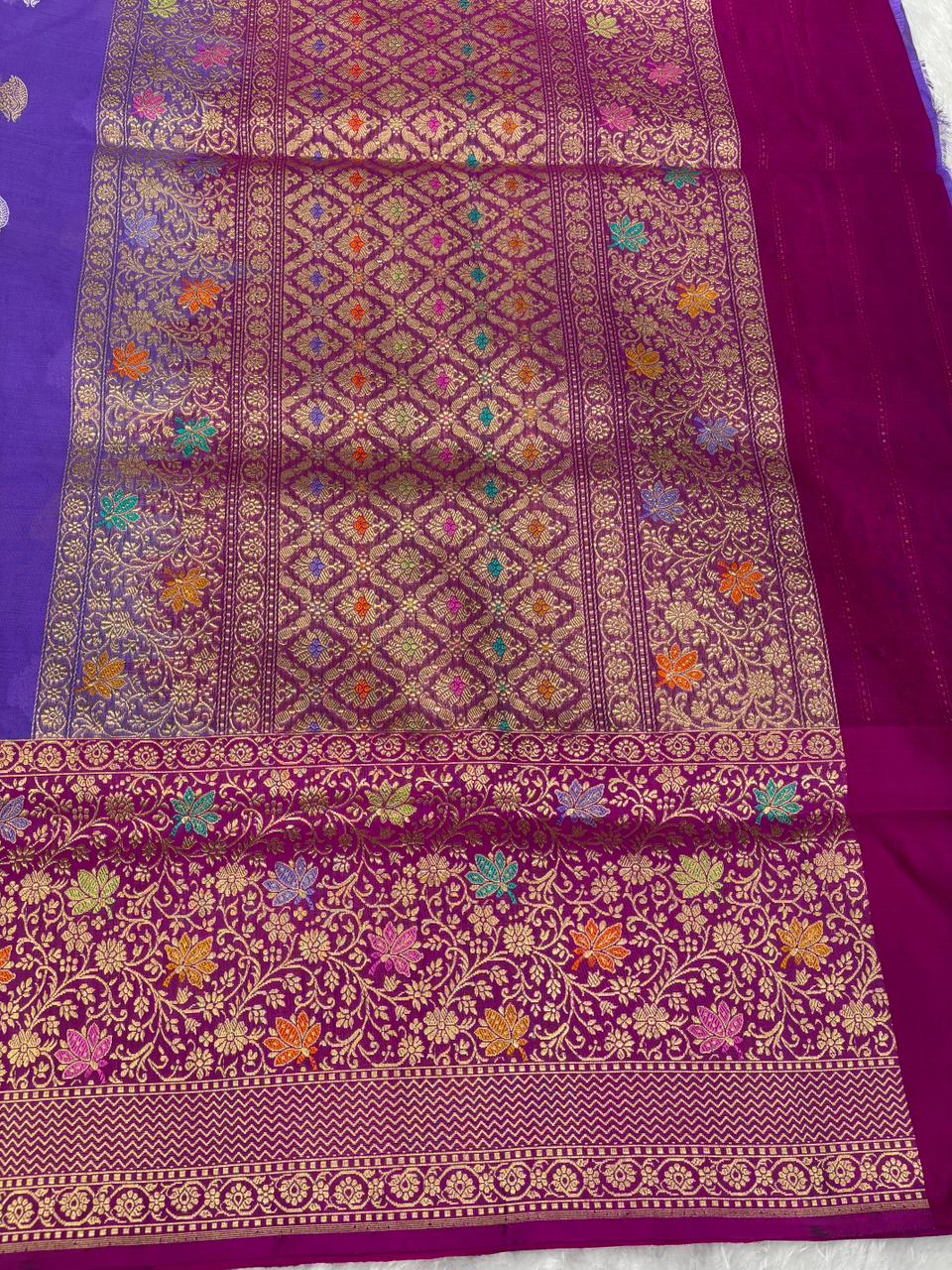 బనారస్ ఆభరణం: రాయల్ వైలెట్ &amp; మెజెంటా కోరా కధువా చేనేత చీర