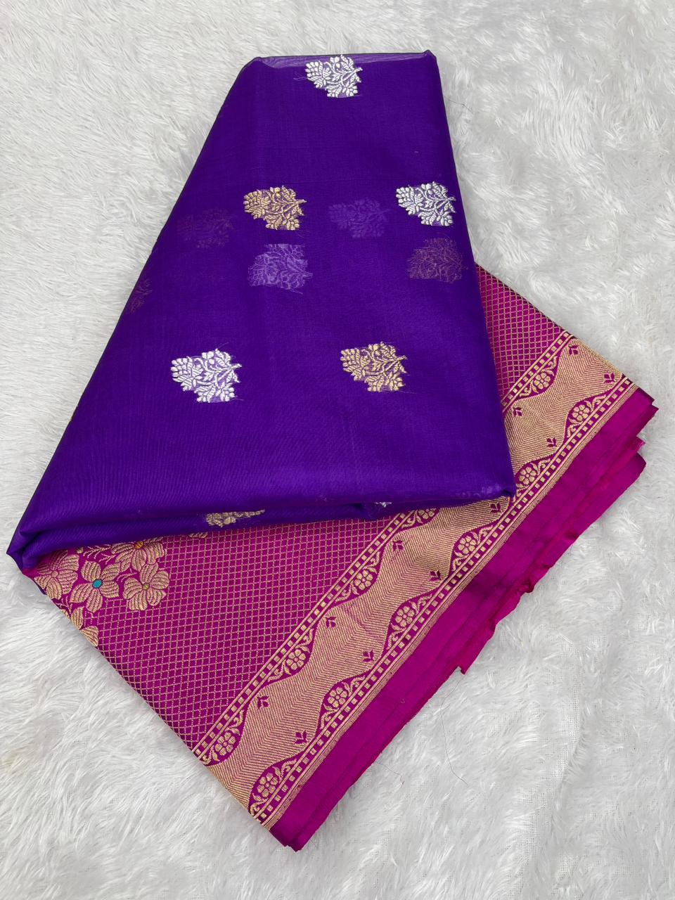 The Regal Symphony: Deep Violet & Fuchsia Pink Kora Kadhua Handloom Banarasi Saree