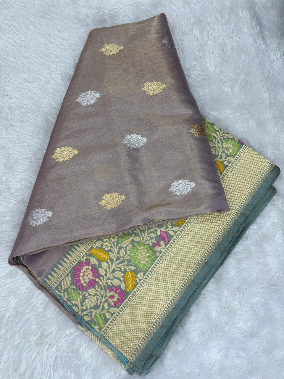 The Metallic Marvel: Taupe & Silver Tissue Kadhua Banarasi Handloom Saree