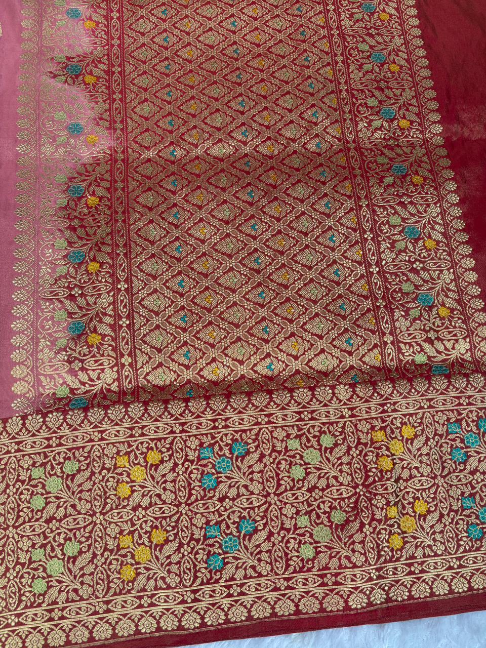 Vintage Romance: Antique Rose & Maroon Tissue Kadhua Banarasi Handloom Saree