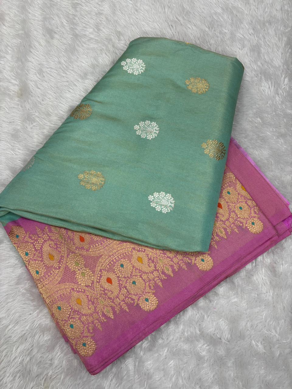Pastel Serenity: Seafoam Green & Lilac Pink Tissue Kadhua Banarasi Handloom Saree