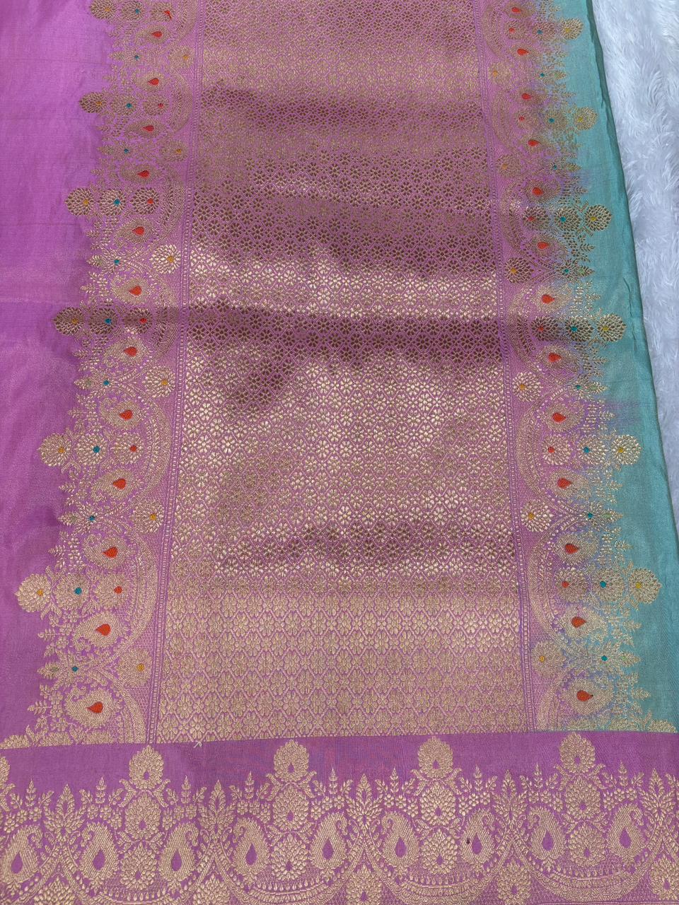 Pastel Serenity: Seafoam Green & Lilac Pink Tissue Kadhua Banarasi Handloom Saree