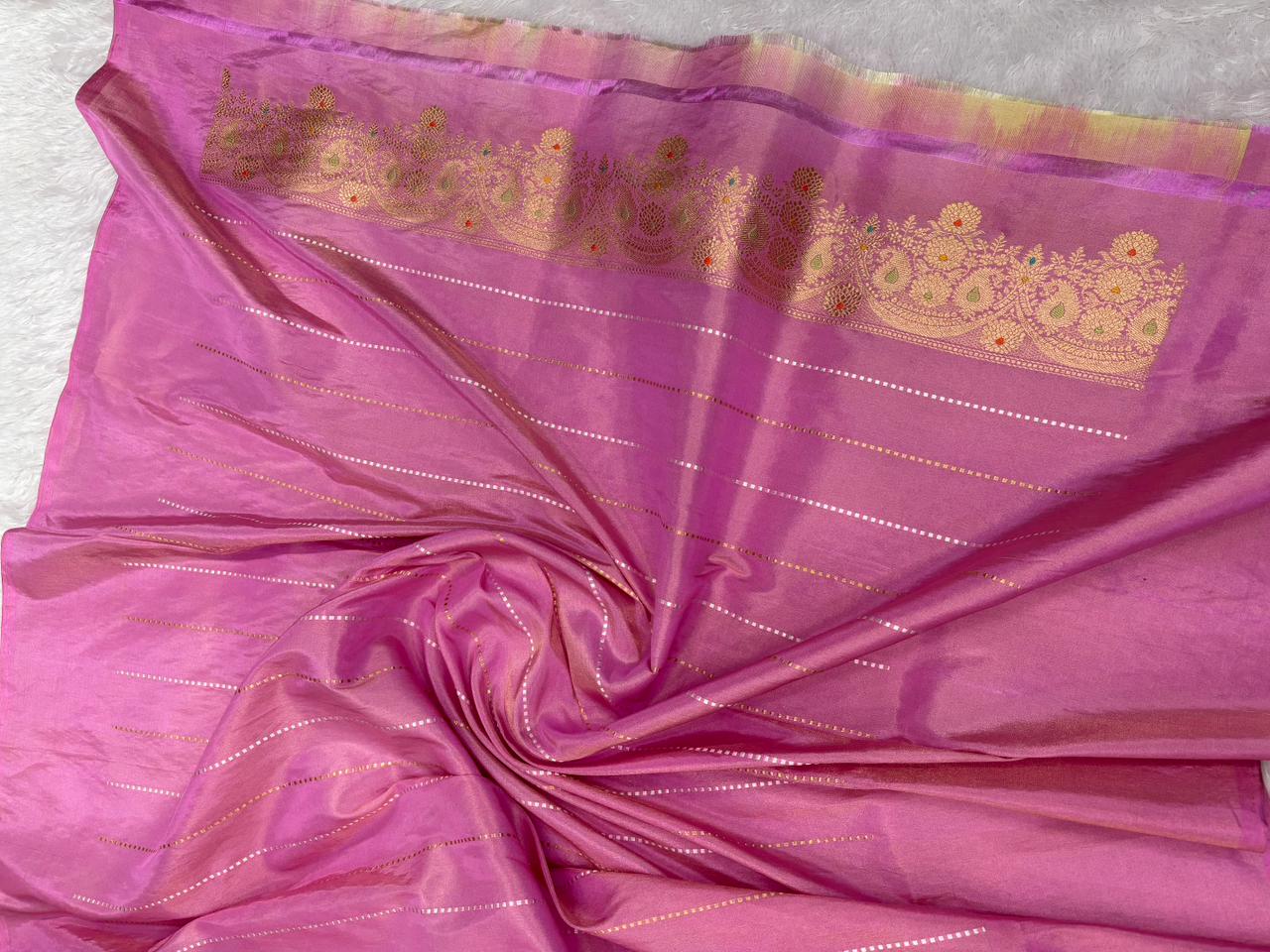 Pastel Serenity: Seafoam Green & Lilac Pink Tissue Kadhua Banarasi Handloom Saree
