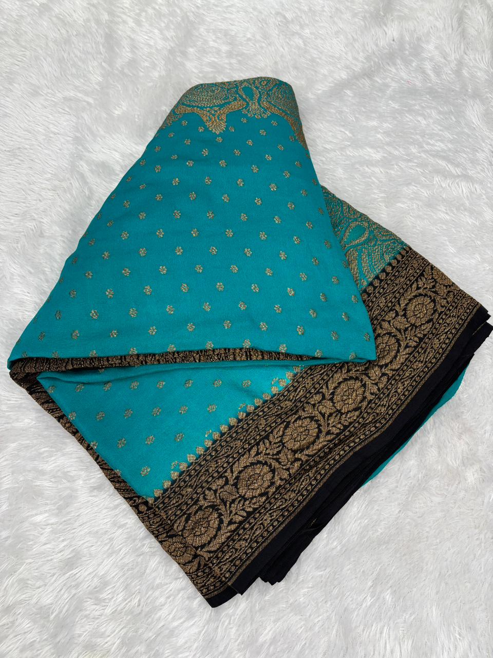 Modern Contrast: Turquoise & Black Banarasi Crepe Georgette