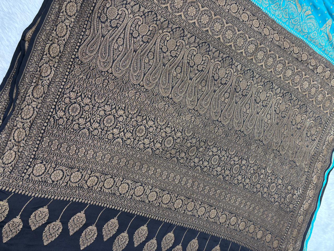Modern Contrast: Turquoise & Black Banarasi Crepe Georgette