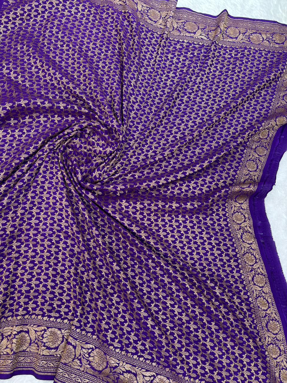 Midnight Majesty: Deep Violet Banarasi Crepe Georgette