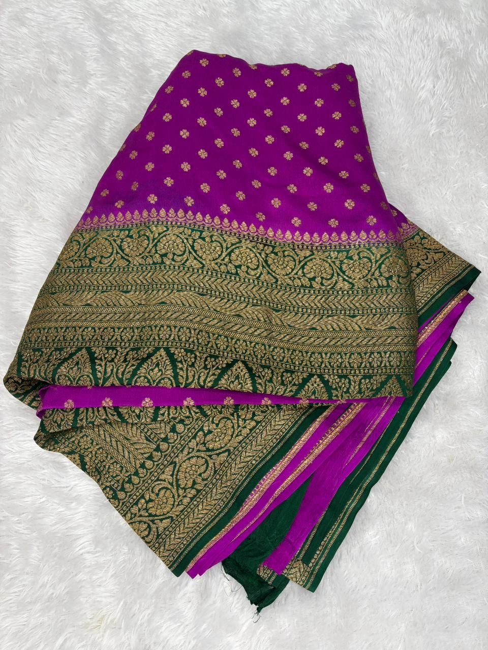 The Vivid Enchantment: Fuchsia Pink & Bottle Green Banarasi Crepe Georgette