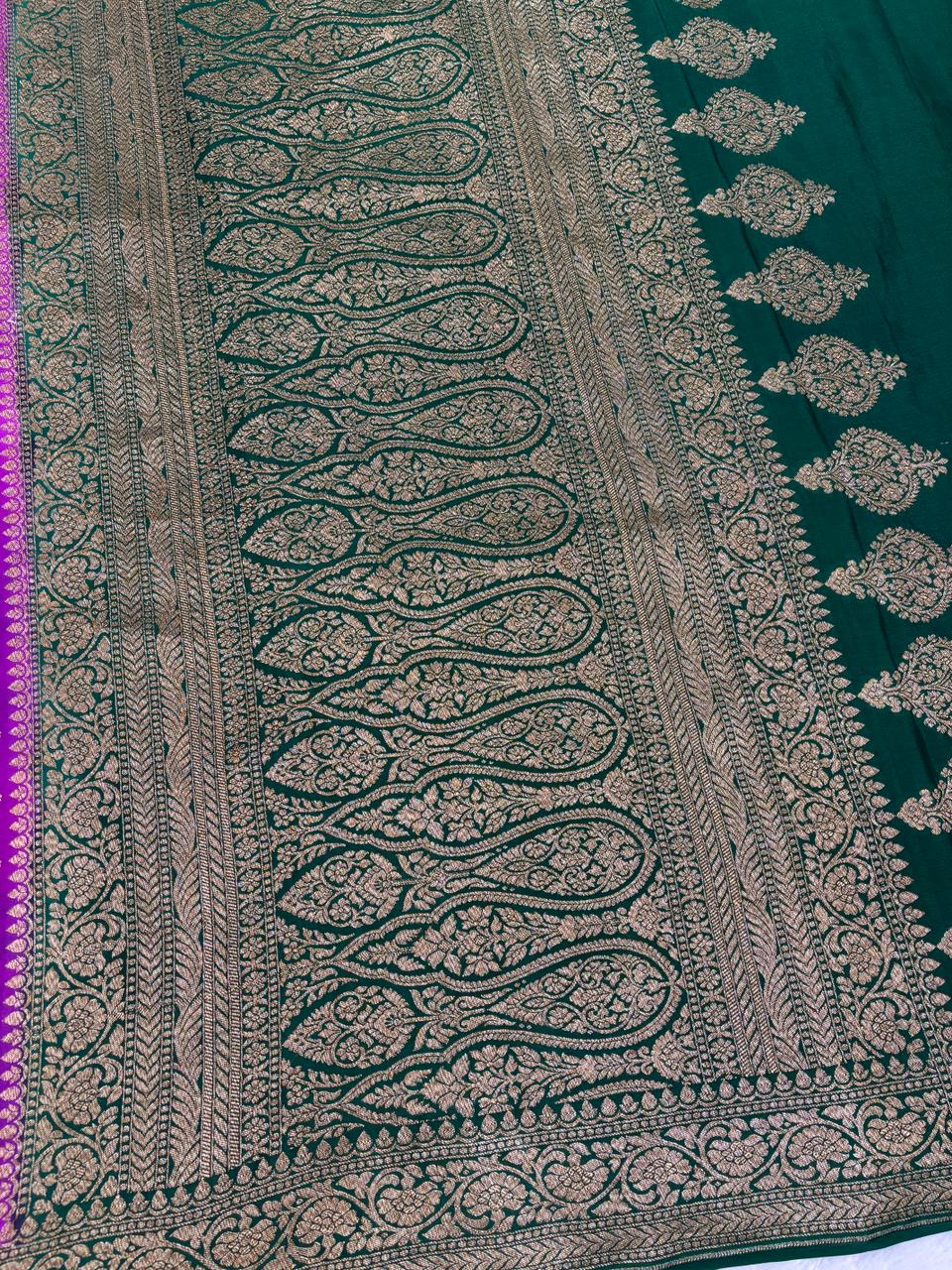 The Vivid Enchantment: Fuchsia Pink & Bottle Green Banarasi Crepe Georgette