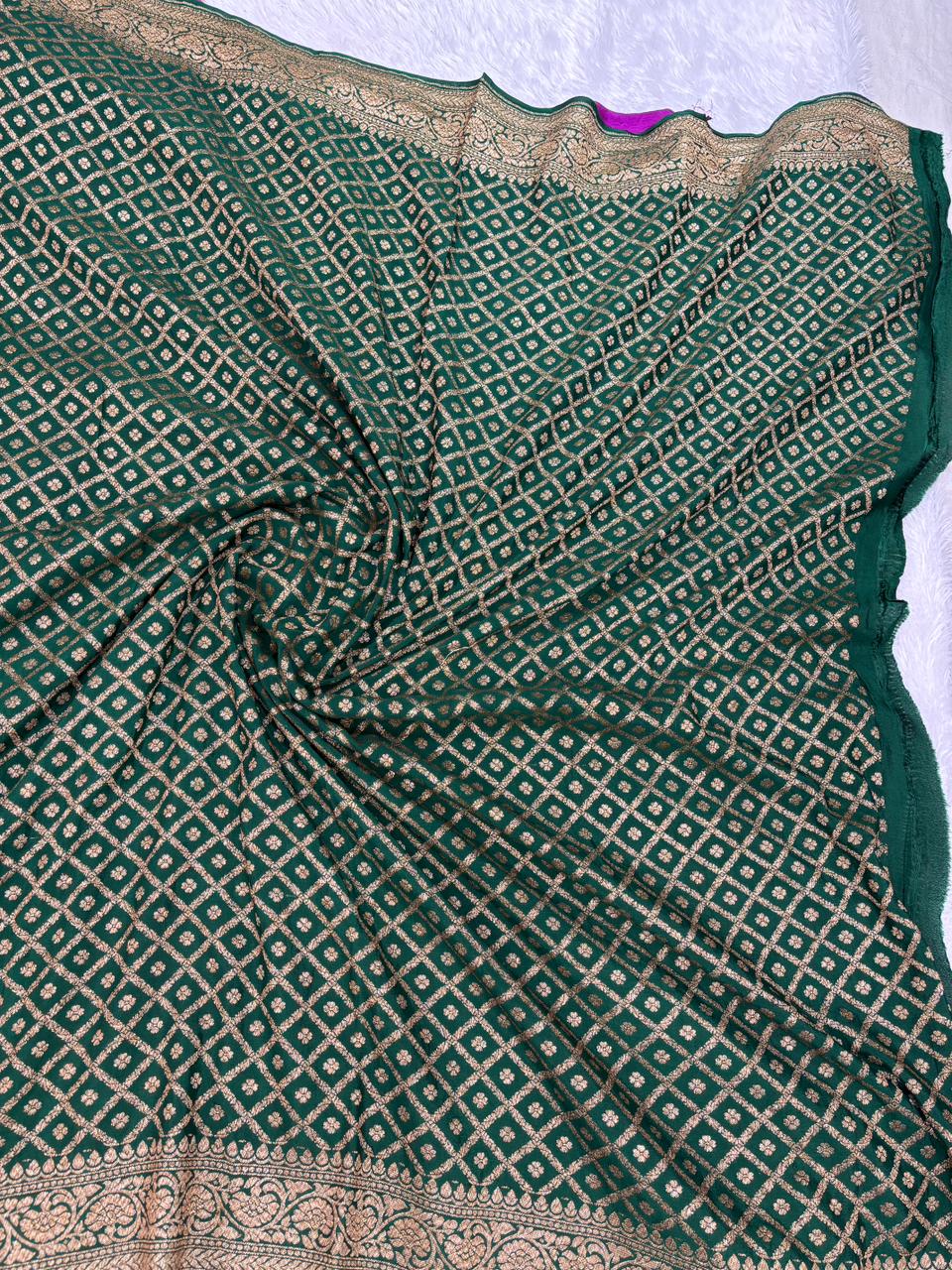 The Vivid Enchantment: Fuchsia Pink & Bottle Green Banarasi Crepe Georgette