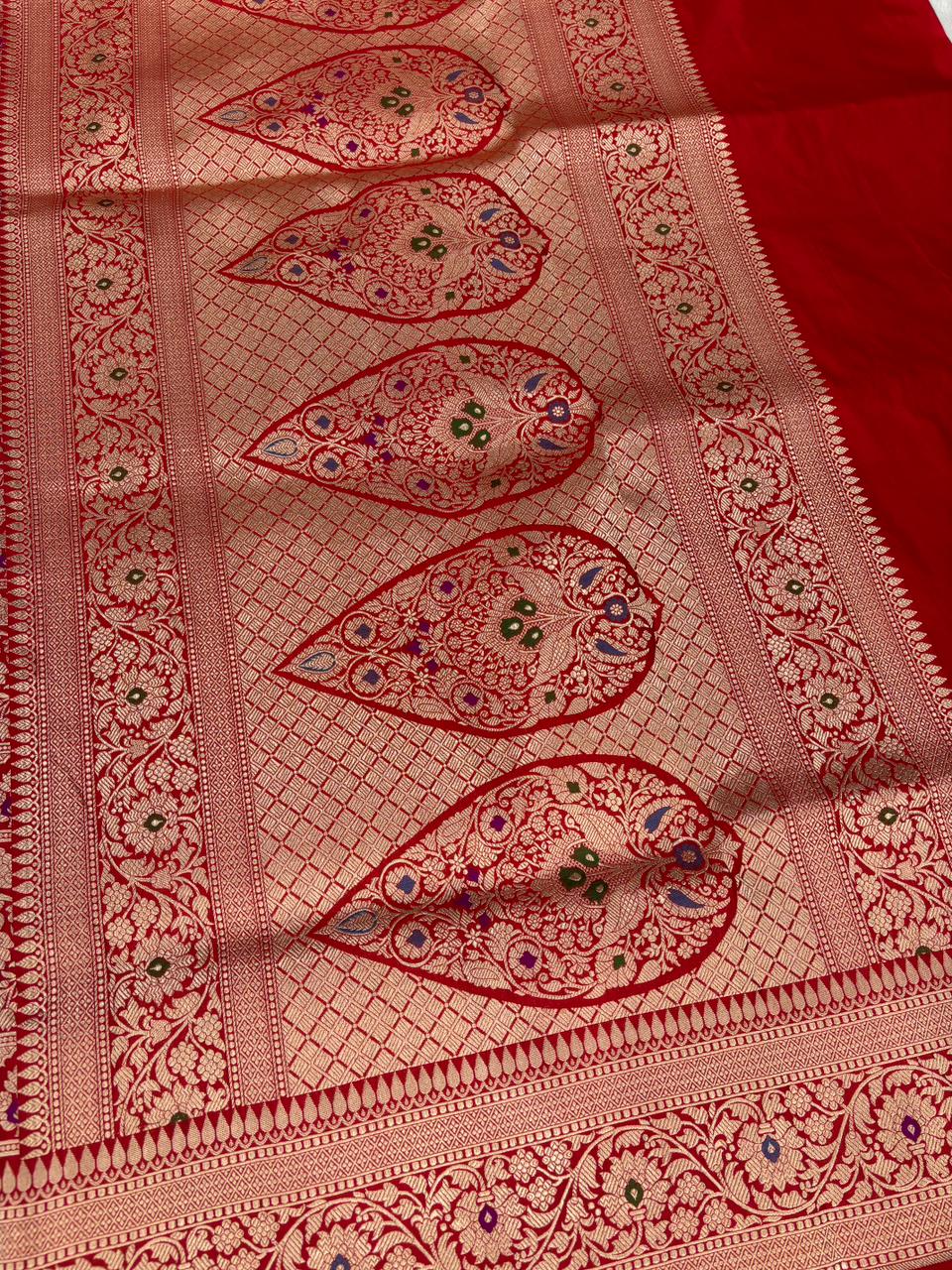 The Bridal Masterpiece: Crimson Red Brocade Katan Silk Meenakari Jangla