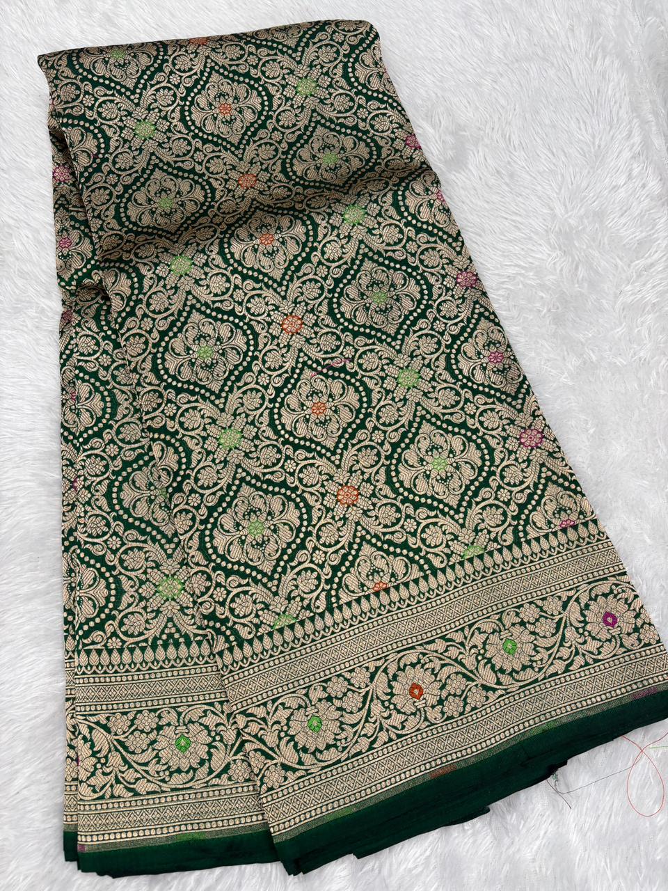 The Verdant Majesty: Emerald Green Brocade Katan Silk Meenakari Jangla
