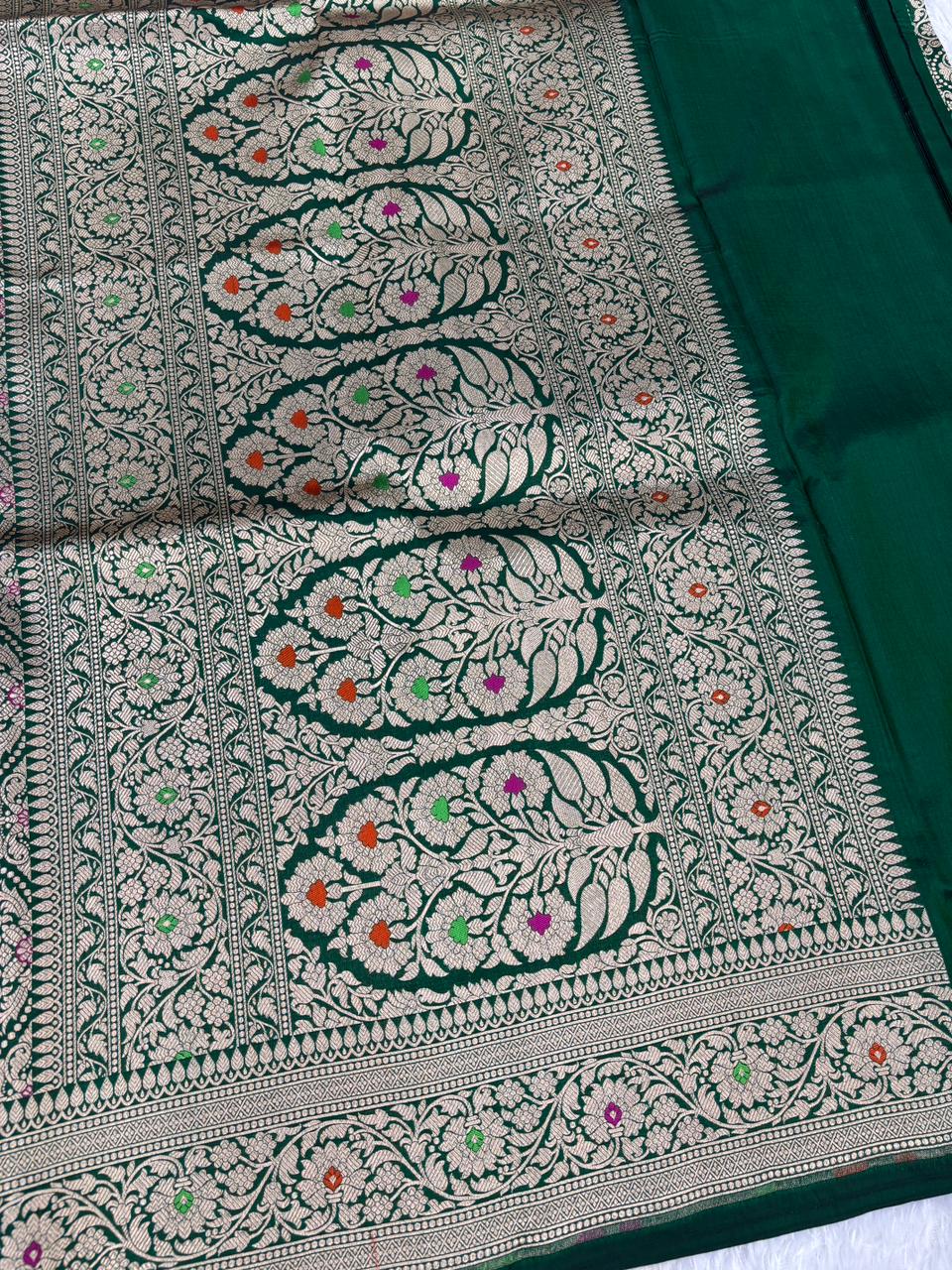 The Verdant Majesty: Emerald Green Brocade Katan Silk Meenakari Jangla