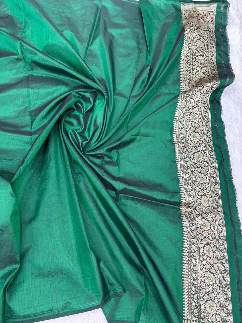 The Verdant Majesty: Emerald Green Brocade Katan Silk Meenakari Jangla