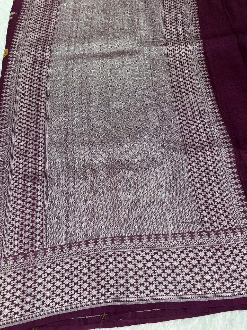 Royal Wine Tussar Georgette Banarasi Handloom Saree