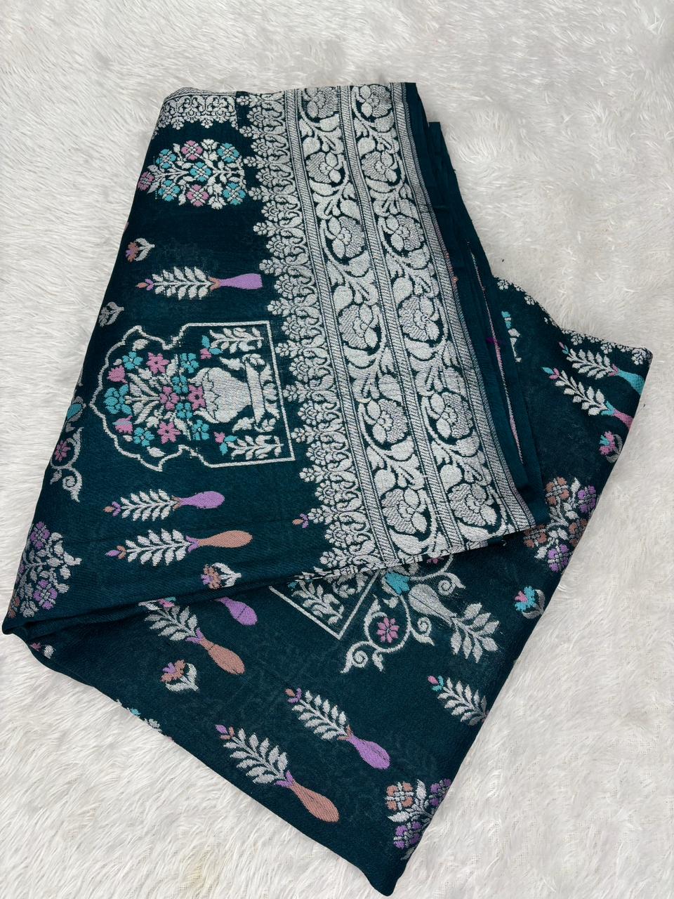 Luxurious Deep Teal Tussar Georgette Banarasi Handloom Saree