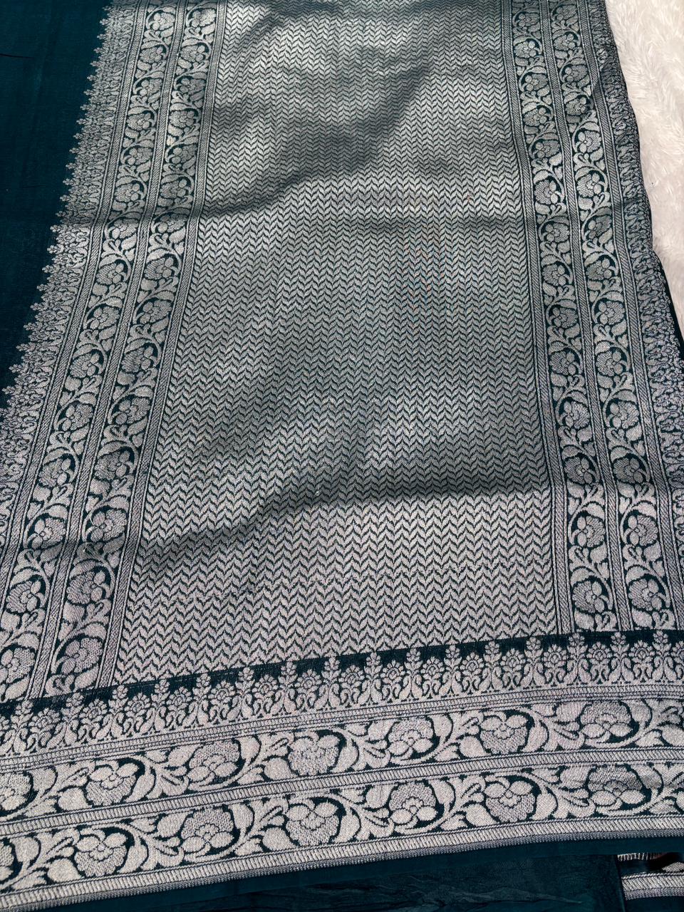 Luxurious Deep Teal Tussar Georgette Banarasi Handloom Saree